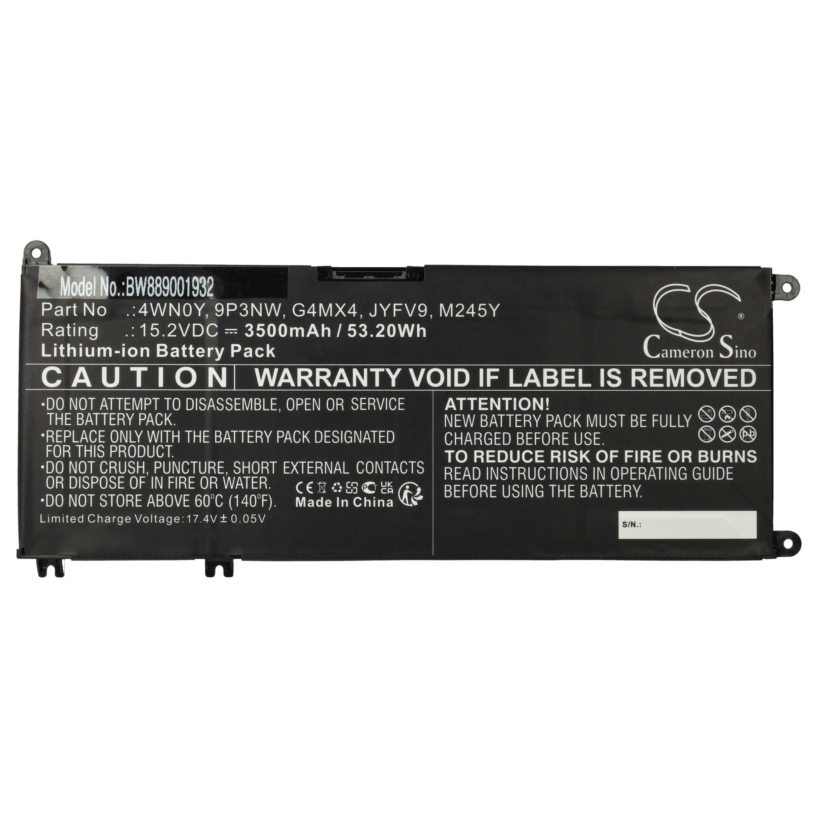 vhbw Akku Ersatz für Dell JYFV9, M245Y, G4MX4, 4WN0Y, 9P3NW für Notebook (3500 mAh, 15,2 V, Li-Ion)