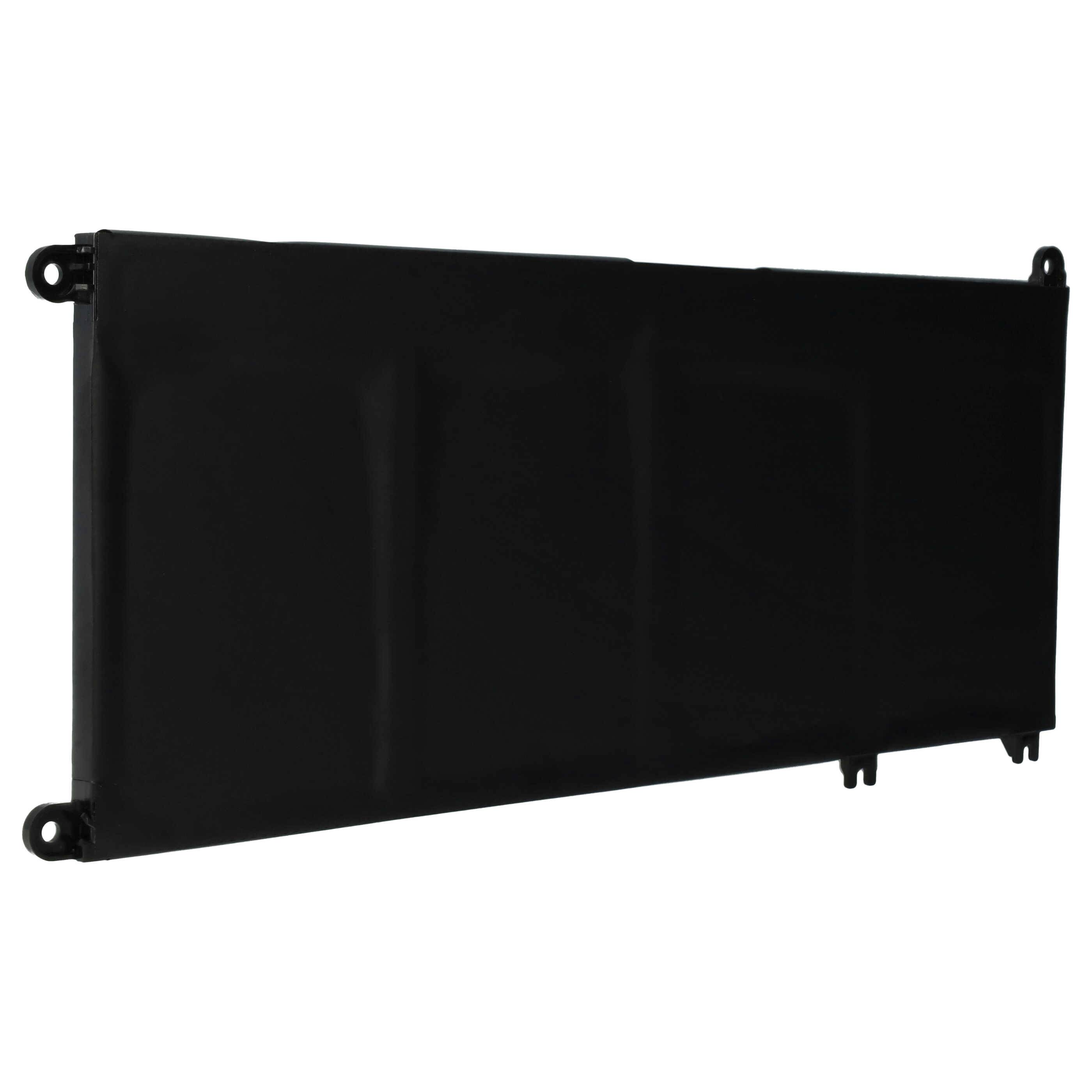 Ein rechteckiger, flacher schwarzer Akkupack, von der Seite betrachtet, mit Montagelöchern an jeder Ecke, wahrscheinlich zur Installation in elektronischen Geräten.