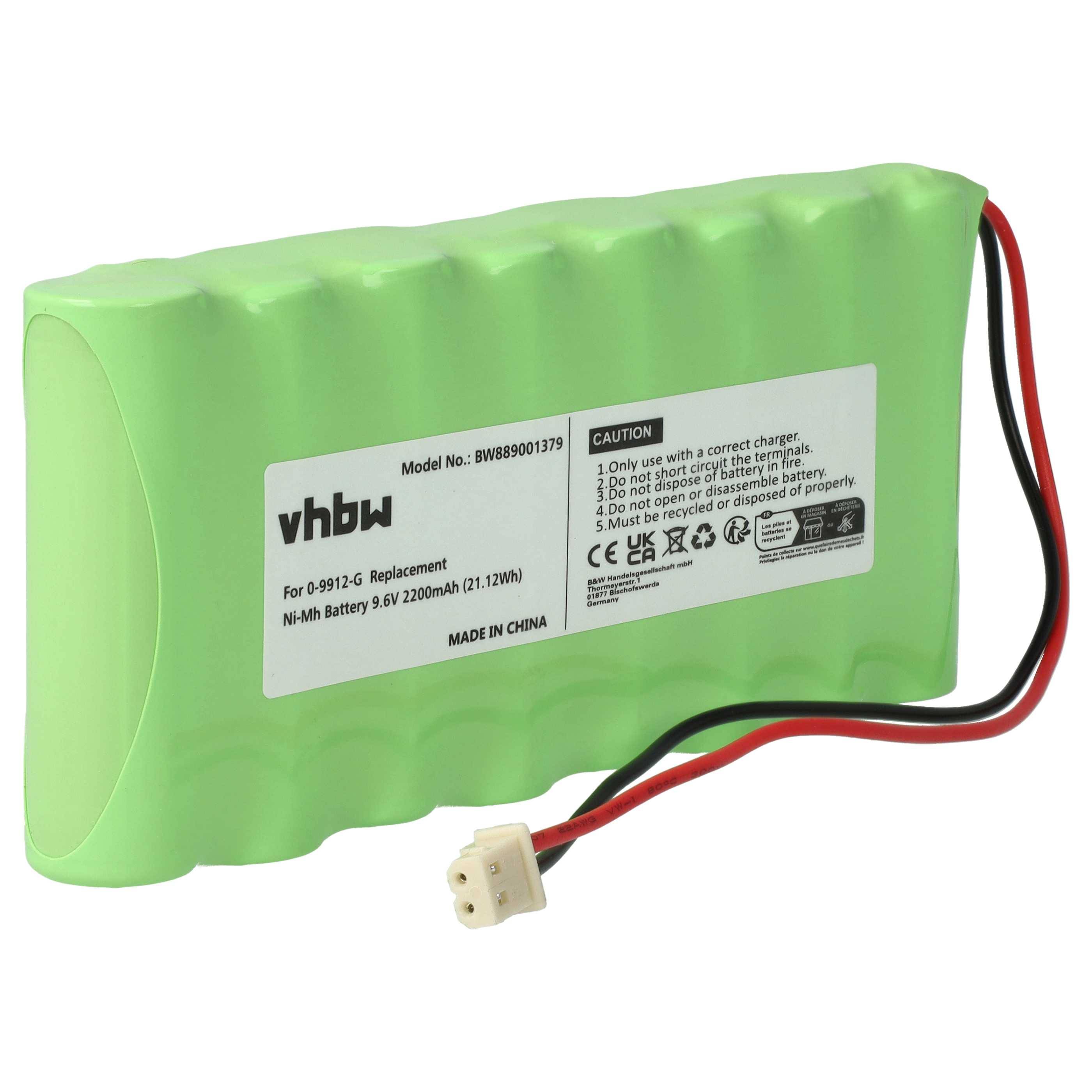 Ein grüner zylindrischer Akkupack mit der Aufschrift 'vhbw' mit folgenden Spezifikationen: Modell-Nr. BW89801379, Ni-MH, 9,6V, 2200mAh. Hergestellt in China.