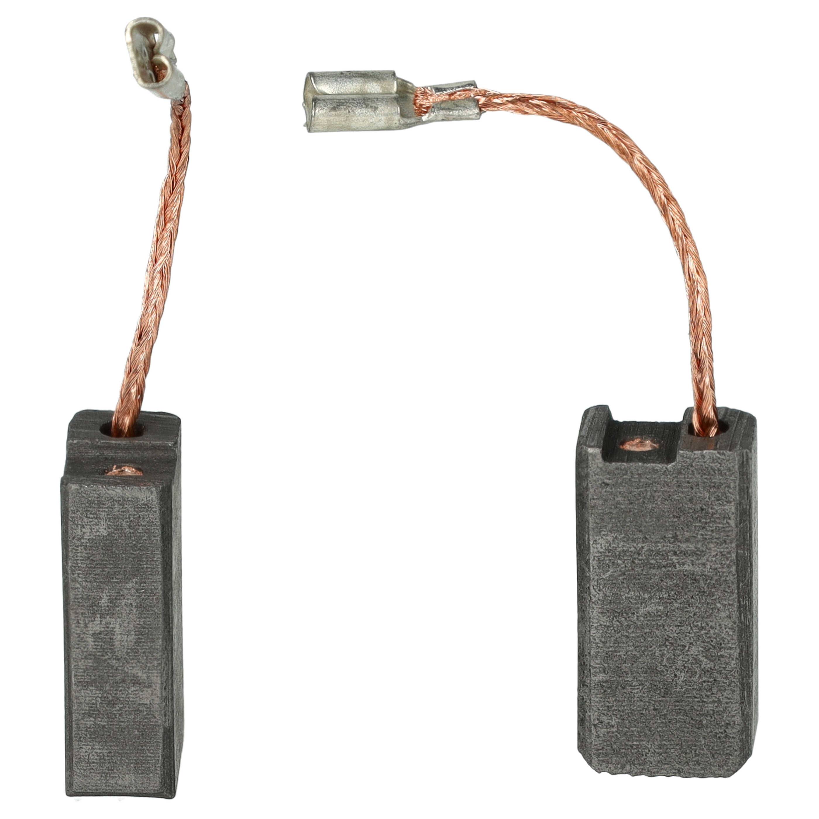Zwei Kohlebürsten mit Kupferdrähten und Anschlüssen, die in Elektromotoren zur Stromleitung verwendet werden, vor einem einfachen Hintergrund dargestellt.