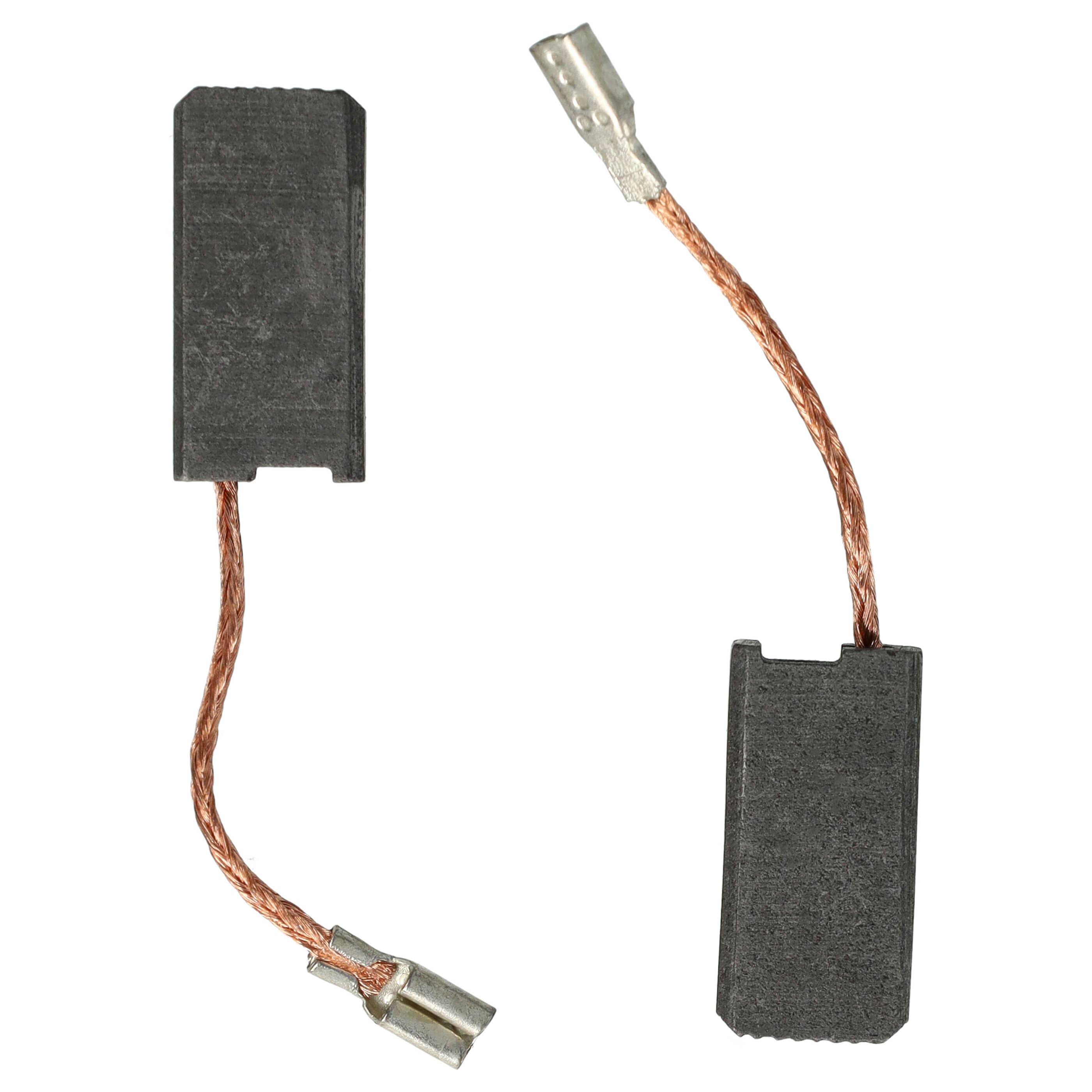 Zwei rechteckige Kohlebürsten mit Kupferdrähten und Metallklemmen, die in Elektromotoren für elektrische Leitfähigkeit verwendet werden.