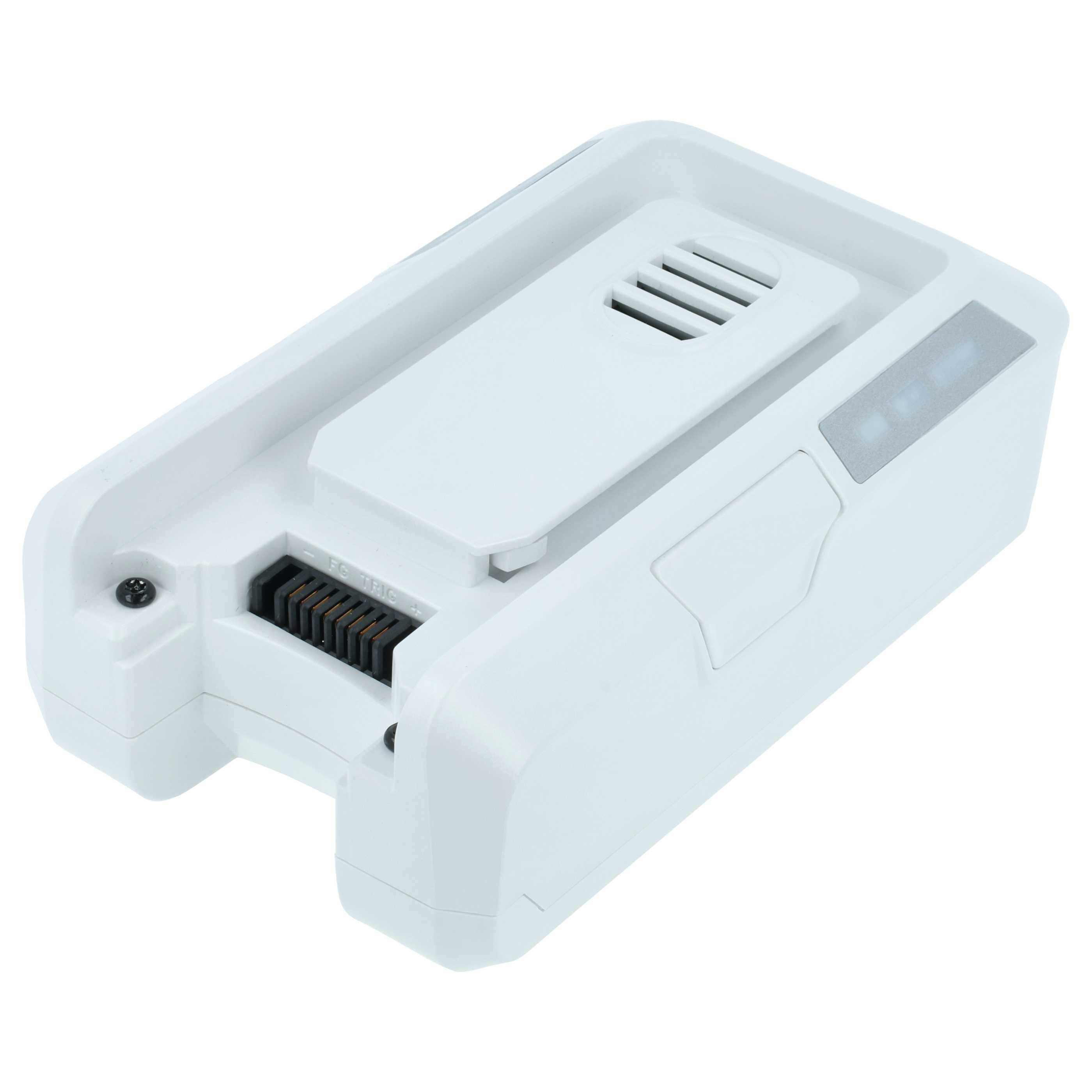 Eine weiße Drohnenbatterie mit Anschlüssen und einer LED-Anzeige, die für die Kompatibilität mit bestimmten Modellen entwickelt wurde, liegt auf einer flachen Oberfläche.