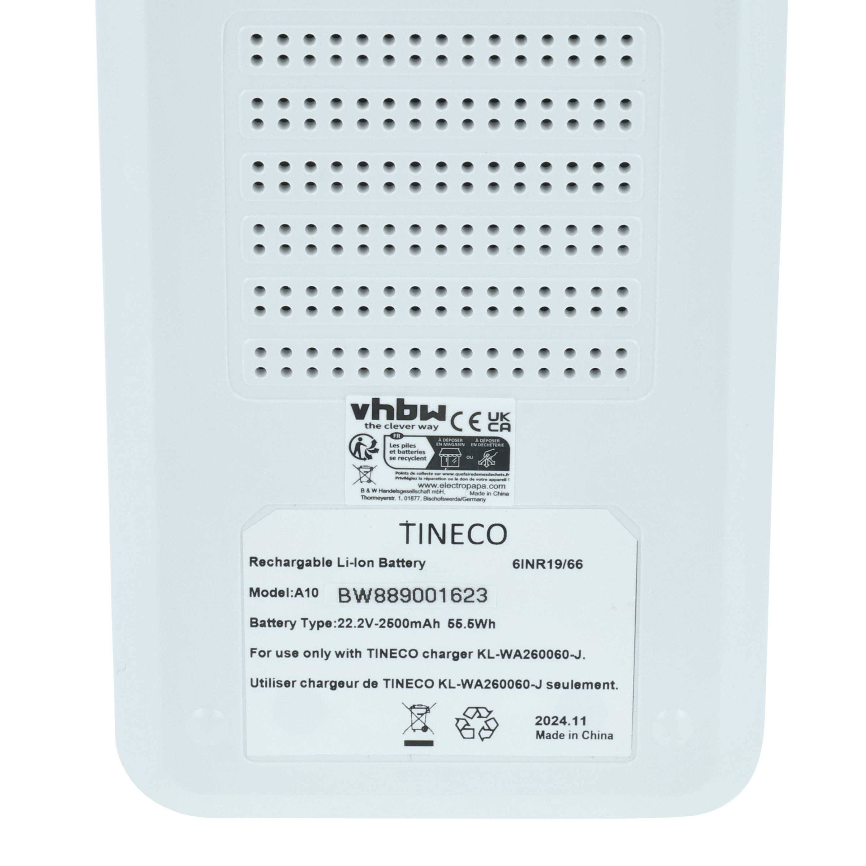 Batterie-Etikett für Tineco A10, Modell BB089010623. Aufladbare Li-Ion, 22,2V, 2200mAh, 6,66Wh. Kompatibel mit Tineco-Ladegerät KL-WA620049-1.