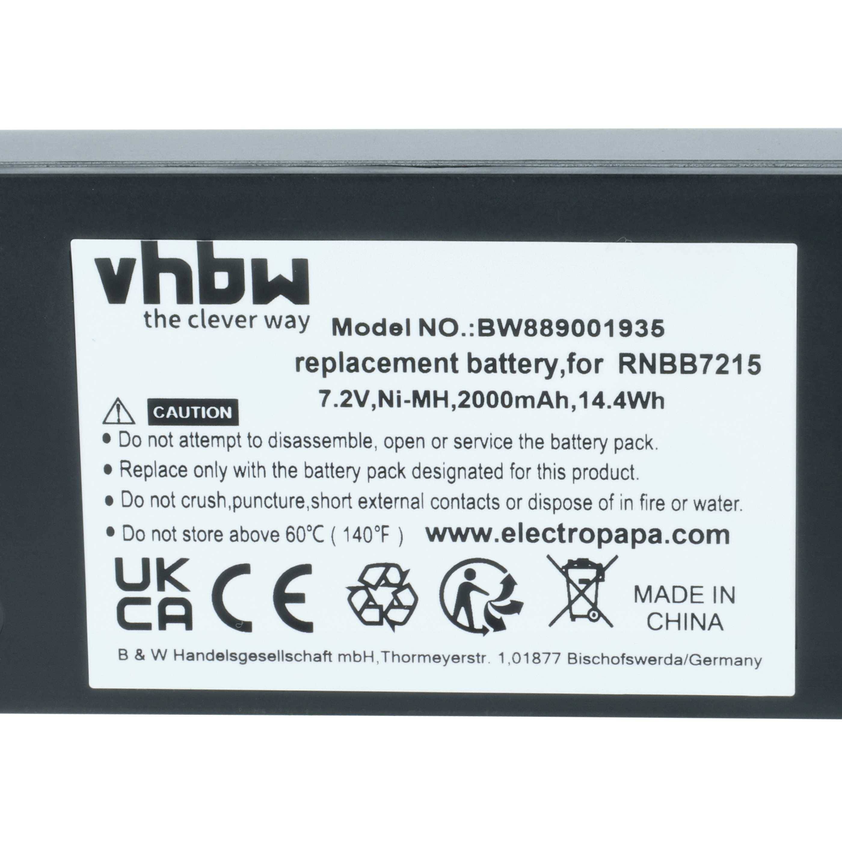 Das Bild zeigt die Etikette eines vhbw Ersatzakkus für RNBBT7215, 7,2V, Ni-MH, 2000mAh, 14,4Wh. Es enthält Warnhinweise und Zertifizierungslogos.
