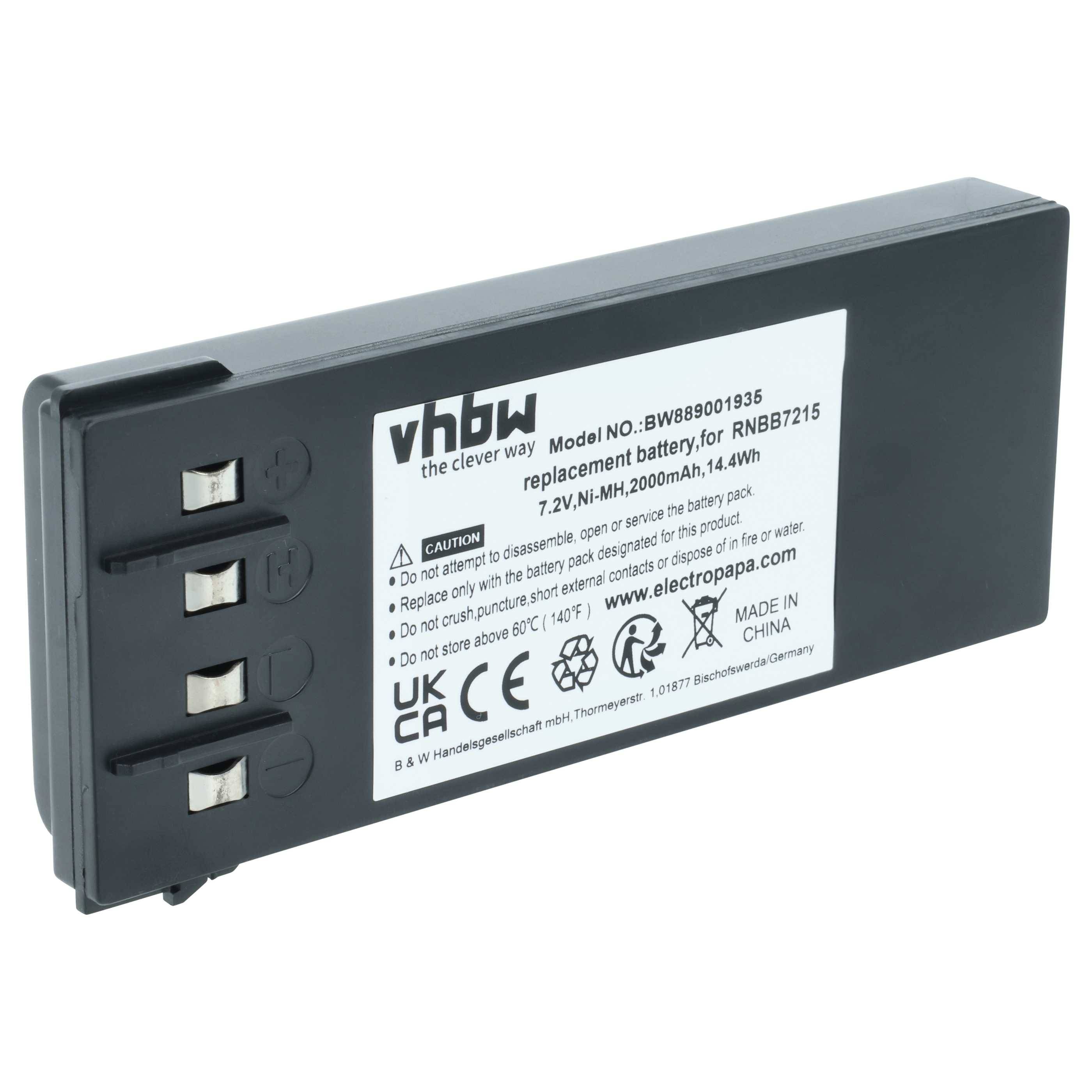 Rechteckiger schwarzer Akku mit Beschriftung 'vhbw' und Modellnummer BW869001935 für RNBB7215. Er verfügt über Spezifikationen von 7,2V, 2000mAh, 14,4Wh.