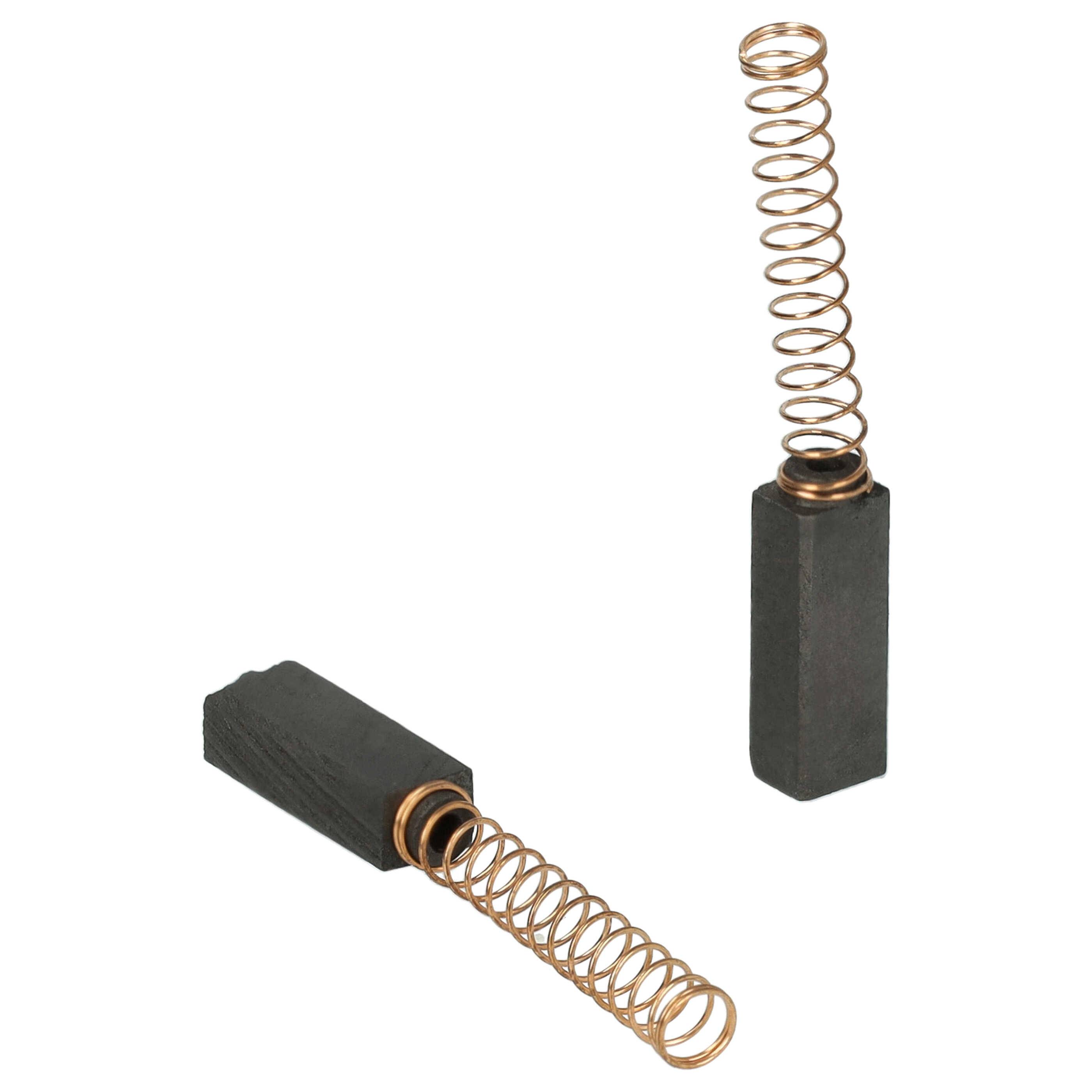 Zwei Kohlebürsten für Motoren mit angebrachten Spiralfeder. Eine Bürste steht aufrecht, und die andere liegt horizontal.