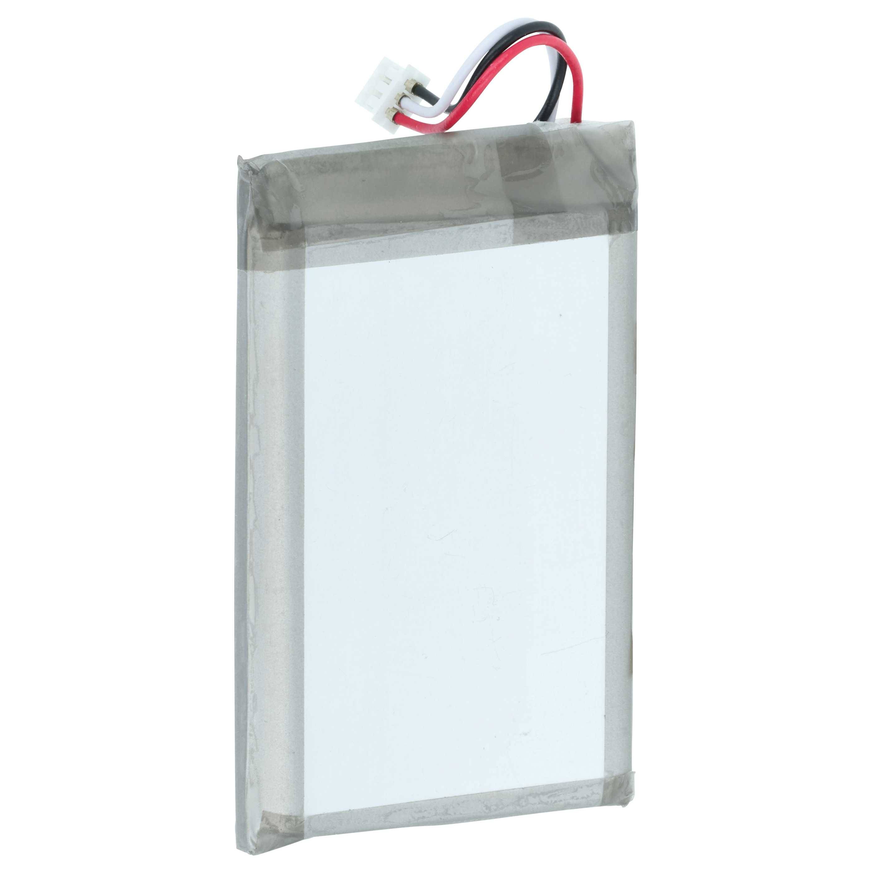 Eine rechteckige Lithium-Polymer-Batterie mit zwei Drähten, die aus der Oberseite herausragen und darauf hindeuten, dass sie zur Stromversorgung elektronischer Geräte dient.