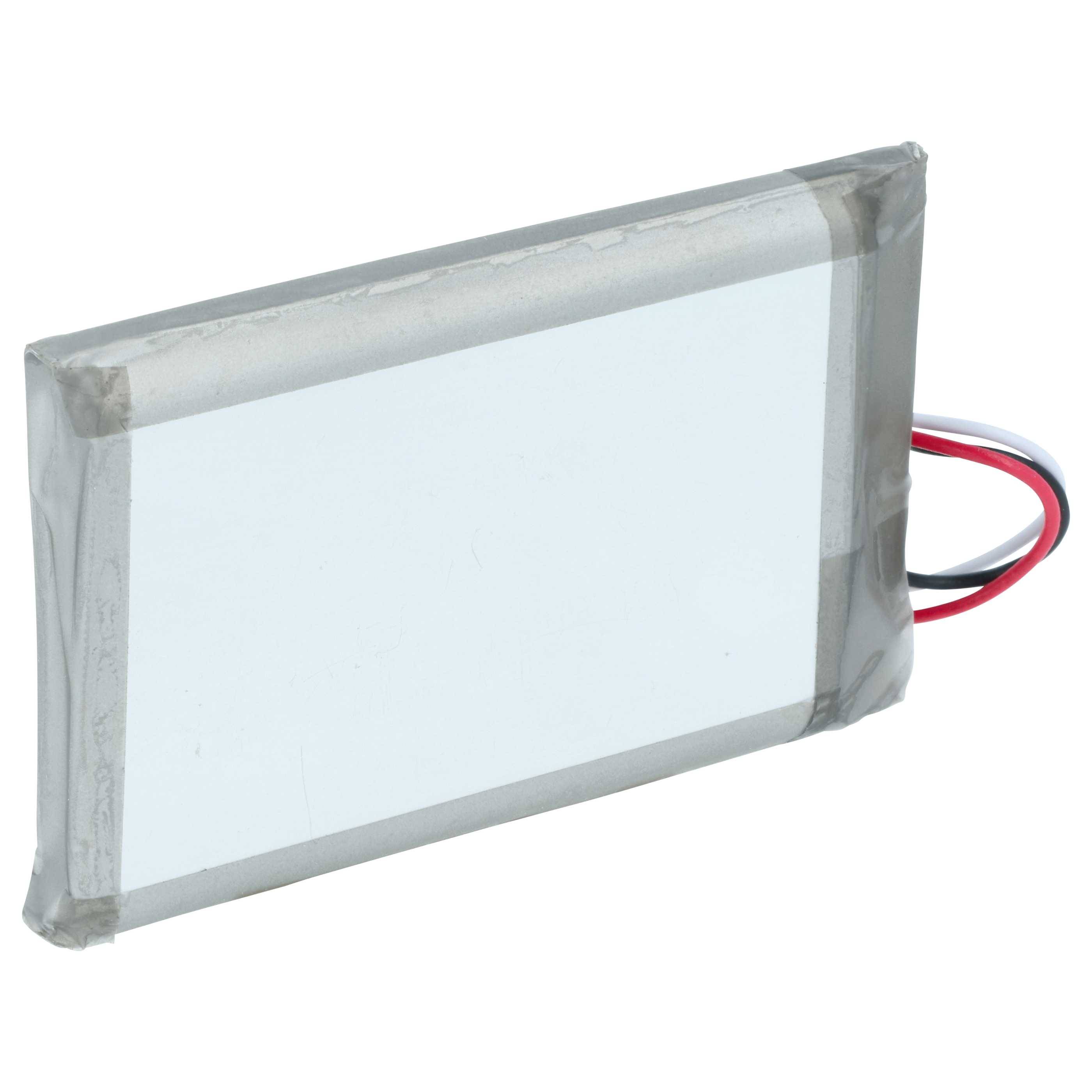 Eine rechteckige Lithium-Polymer-Batterie mit angeschlossenen Kabeln.