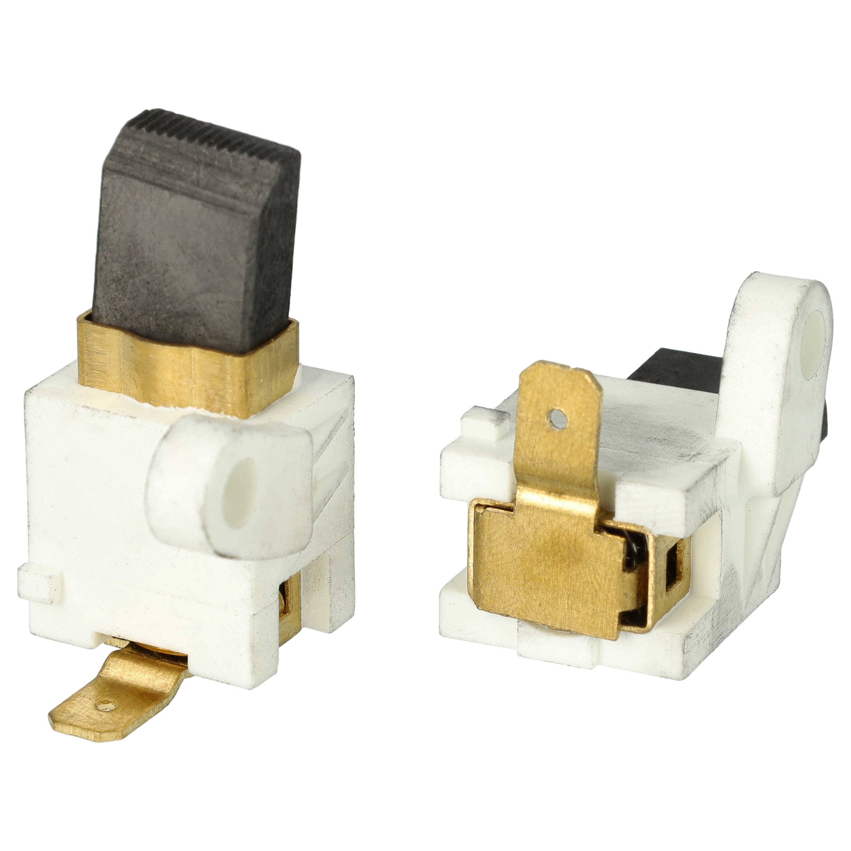 Zwei Kohlebürstenhalter-Baugruppen mit weißen Kunststoffgehäusen und goldenen Anschlüssen, verwendet für Elektromotoren.
