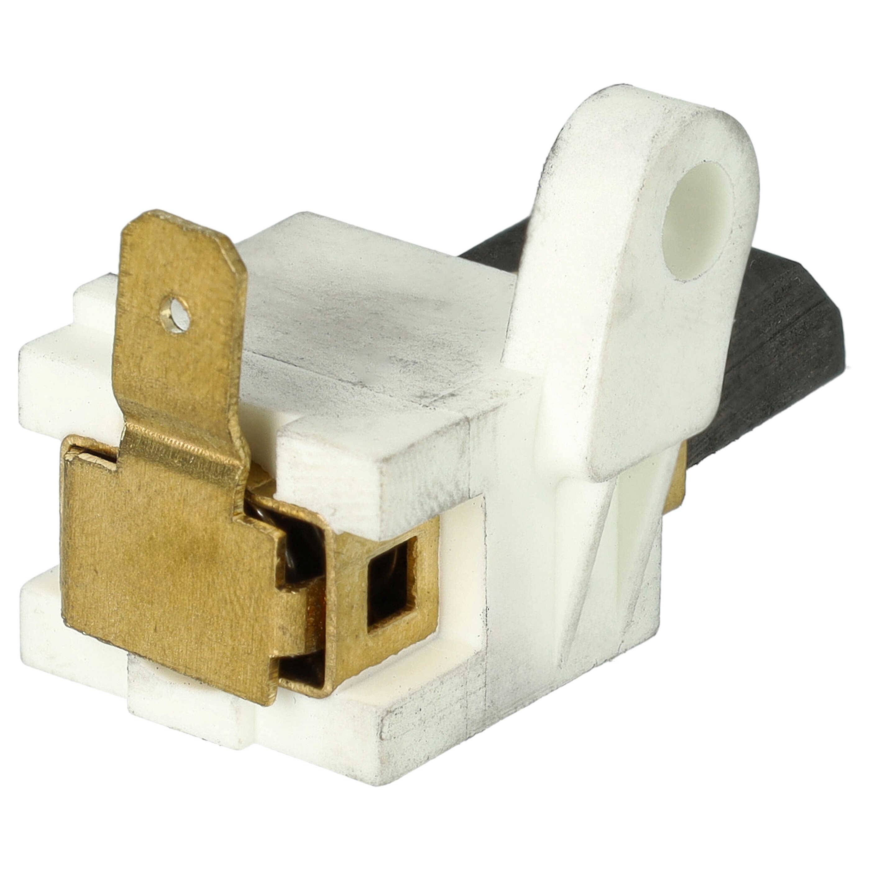 Ein kleiner weiß-messingfarbener elektrischer Schalter mit schwarzem Anschluss, entwickelt für kompakte Geräte.