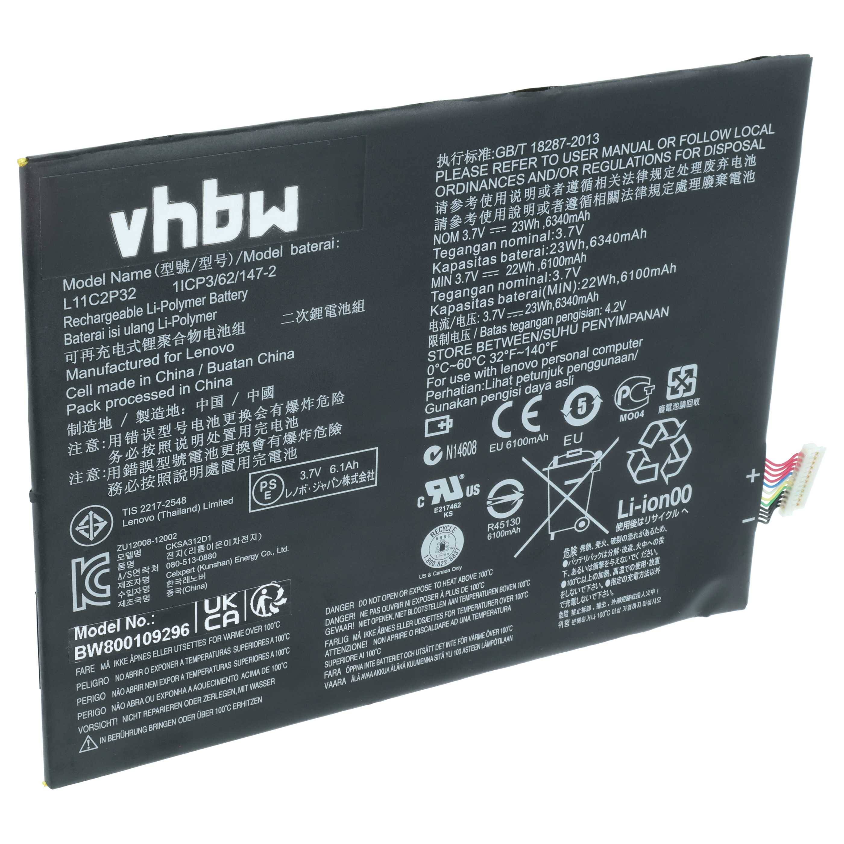 vhbw Akku kompatibel mit Lenovo IdeaPad S6000, S6000F, A10-70, A7600-F, A7600-H, S6000H, S6000L Notebook (6300 mAh, 3,7 V, Li-Ion)