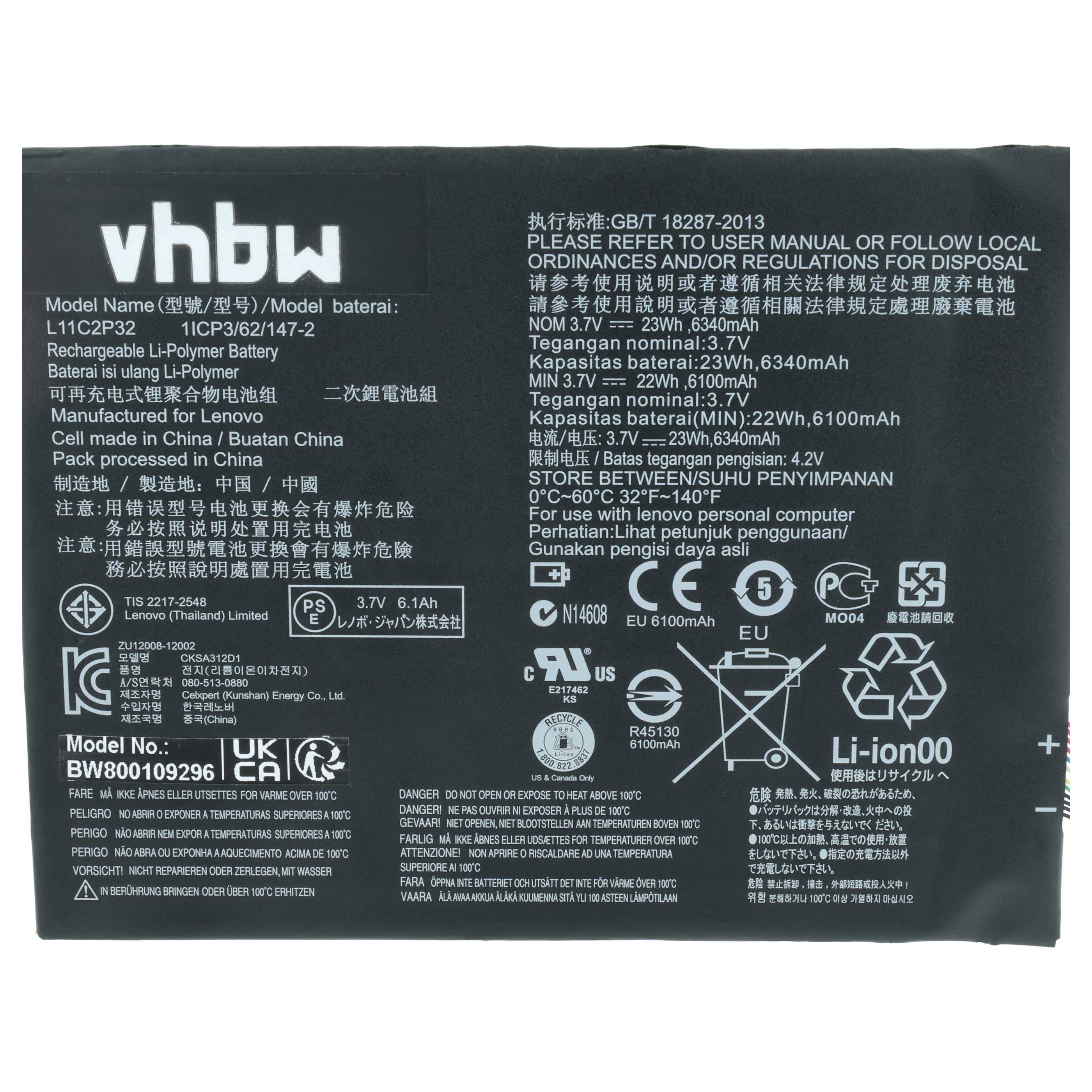 vhbw Akku kompatibel mit Lenovo IdeaPad S6000, S6000F, A10-70, A7600-F, A7600-H, S6000H, S6000L Notebook (6300 mAh, 3,7 V, Li-Ion)