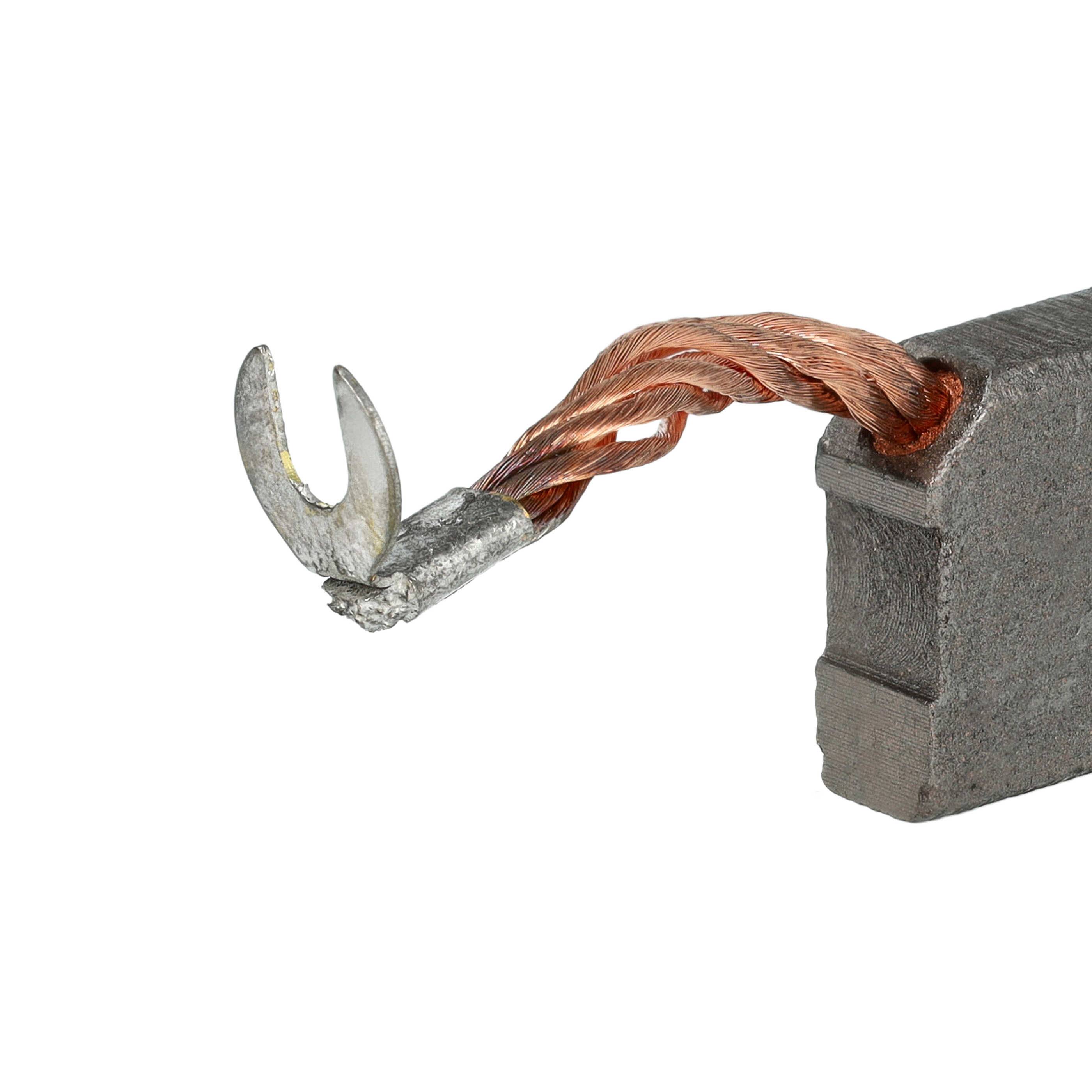 Ein Kupferdraht, der an eine Kohlebürste mit einem gebogenen Metallkontakt befestigt ist und zur Stromleitung in Motoren oder Generatoren verwendet wird.