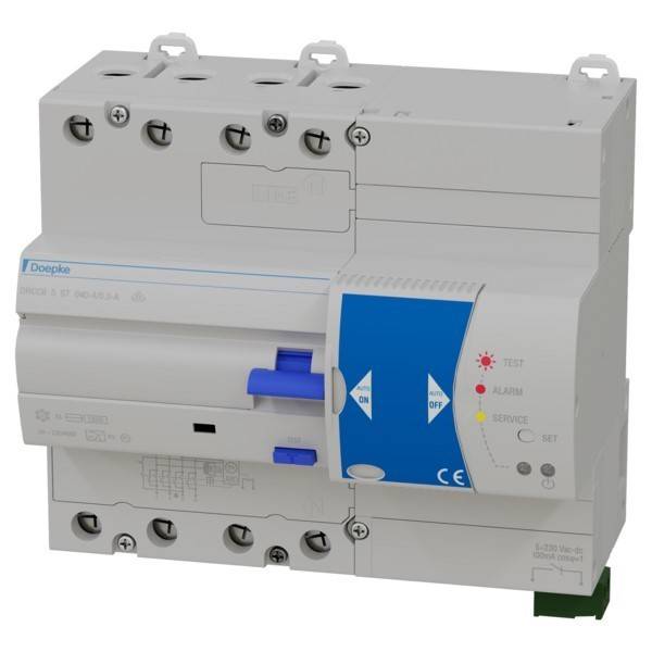 Ein elektrischer Schalter mit Test-, Alarm- und Servicefunktionen. Der blaue Schalter ist auf „ein