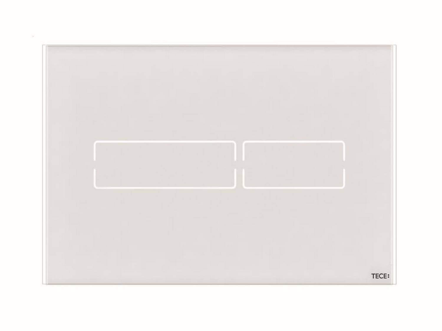 Minimalistische weiße Wandplatte mit zwei umrissenen rechteckigen Touchschaltflächen-Bereichen und kleinem 