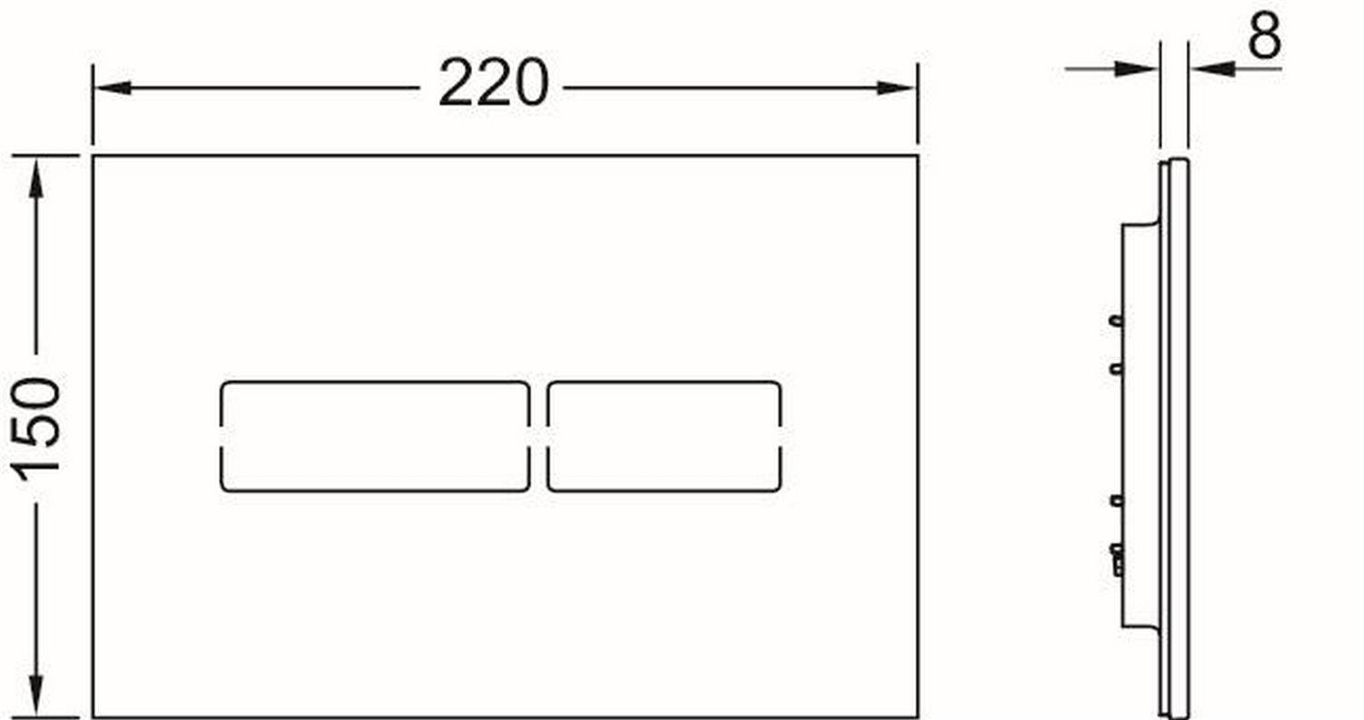 Technische Zeichnung einer rechteckigen Wandplatte, 220 mm breit und 150 mm hoch, mit zwei zentrierten rechteckigen Öffnungen und Seitenprofil mit 8 mm Tiefe.