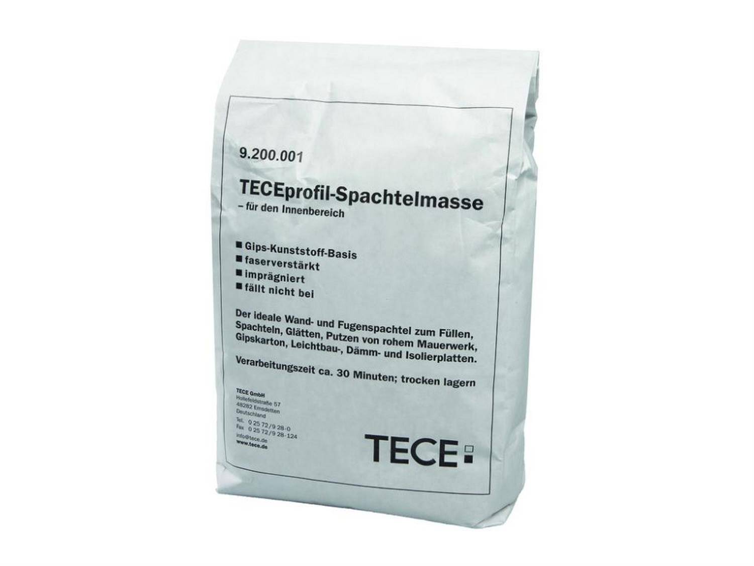 Eine weiße TECEprofil-Spachtelmasse-Tasche für den Innengebrauch, mit Produktdetails und dem TECE-Logo gekennzeichnet, auf einfachem Hintergrund gezeigt.