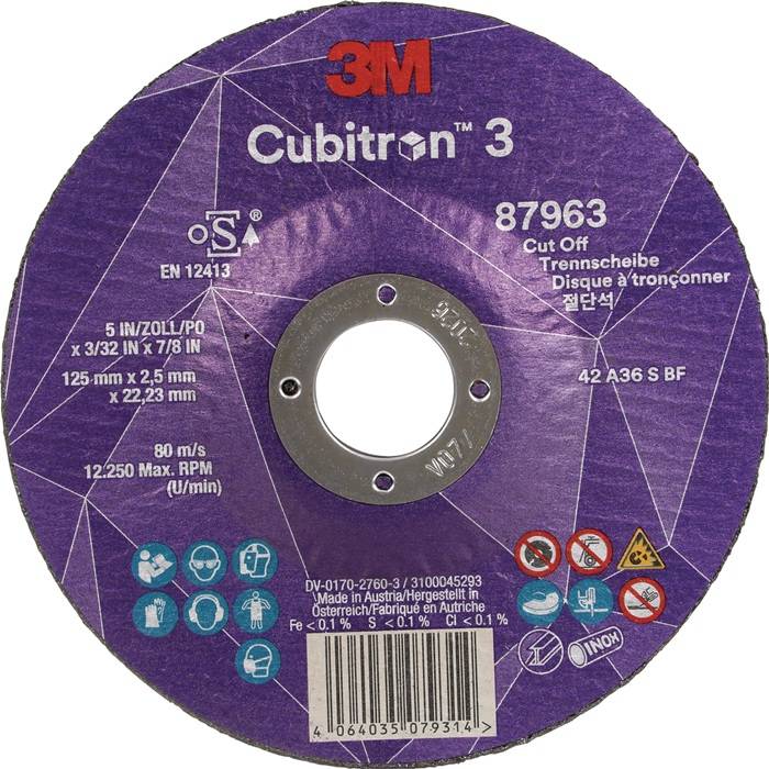 Kreisschleifscheibe mit der Beschriftung '3M Cubitron 3', auf deren Oberfläche Spezifikationen wie Größe, Geschwindigkeit und Sicherheitssymbole gedruckt sind.