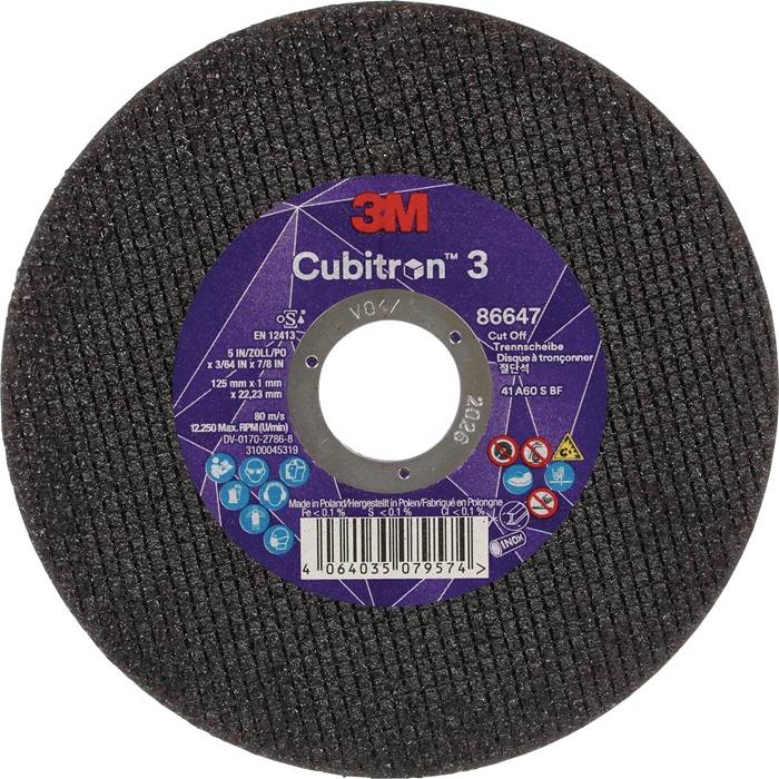 Schleifscheibe mit lila Etikett, gekennzeichnet als 'Cubitron 3' mit Produktdetails. Enthält Sicherheitssymbole und Barcode. Durchmesser: 125 mm.