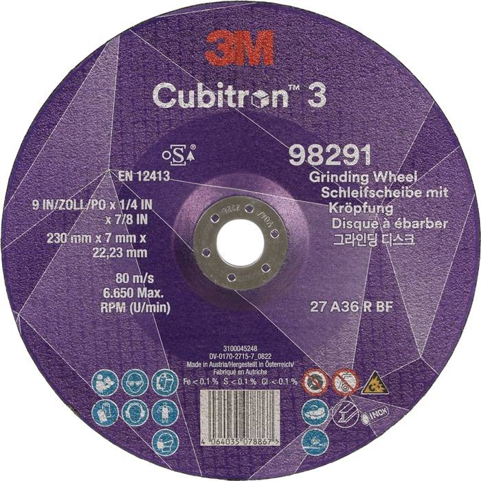 3M Cubitron 3' Schleifscheibe, 9 Zoll Durchmesser, 7/8 Zoll Dicke, 230mm x 7mm, 22,23mm Loch, 80m/s Geschwindigkeit, Modell 98291.