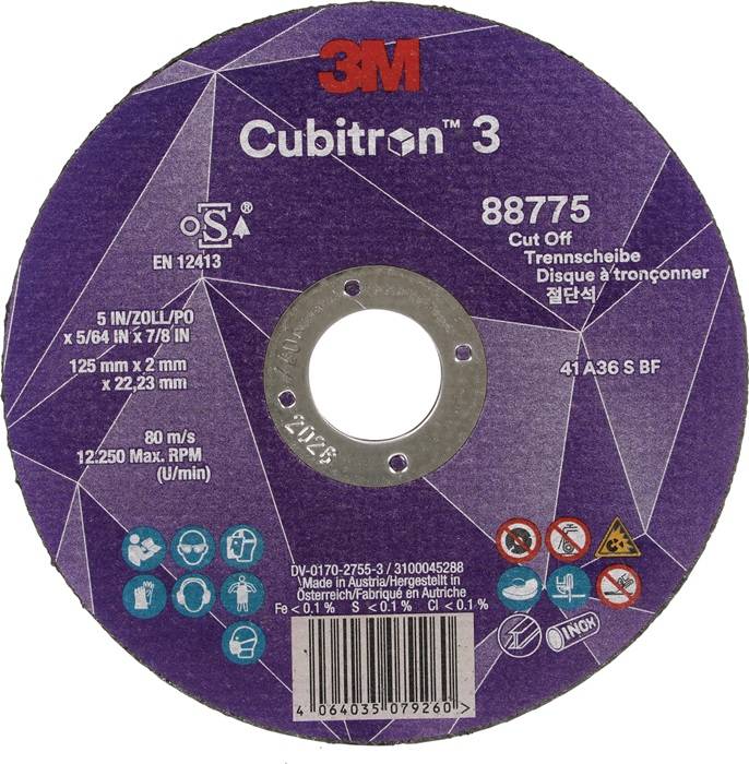 Ein lila 3M Cubitron 3 Trennscheibe, gekennzeichnet mit '5 IN/ZOLL/PO', '125 mm x 2,2 mm', mit Sicherheitssymbolen und Produktdetails.
