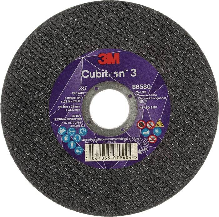 Trennscheibe mit der Aufschrift '3M Cubitron 3'. Lila und schwarzes Design, gekennzeichnet zum Schneiden von Metall. Enthält Spezifikationen und Sicherheitssymbole.