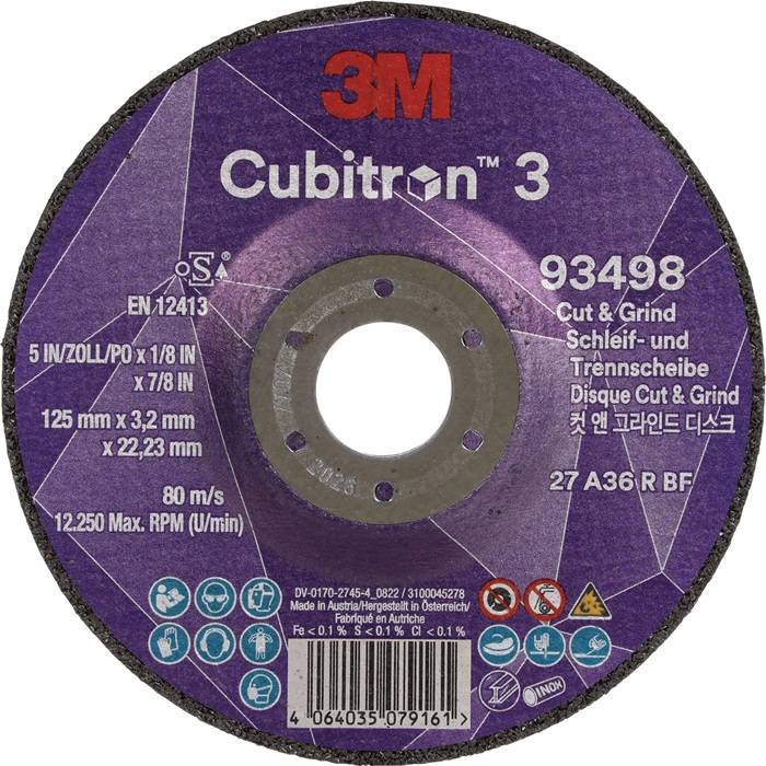 3M Cubitron 3' Trennschleifscheibe mit der Bezeichnung '93498' zum Schneiden und Schleifen. Größe: 5 Zoll x 1/8 Zoll x 7/8 Zoll, max. 12.250 U/min.