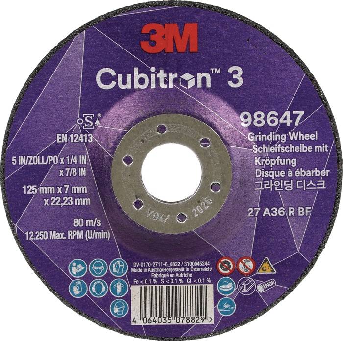 3M Cubitron 3 Schleifscheibe, 125 mm x 22,23 mm, 80 m/s, max. Drehzahl 12.250, Typ 27, Modell 98647.