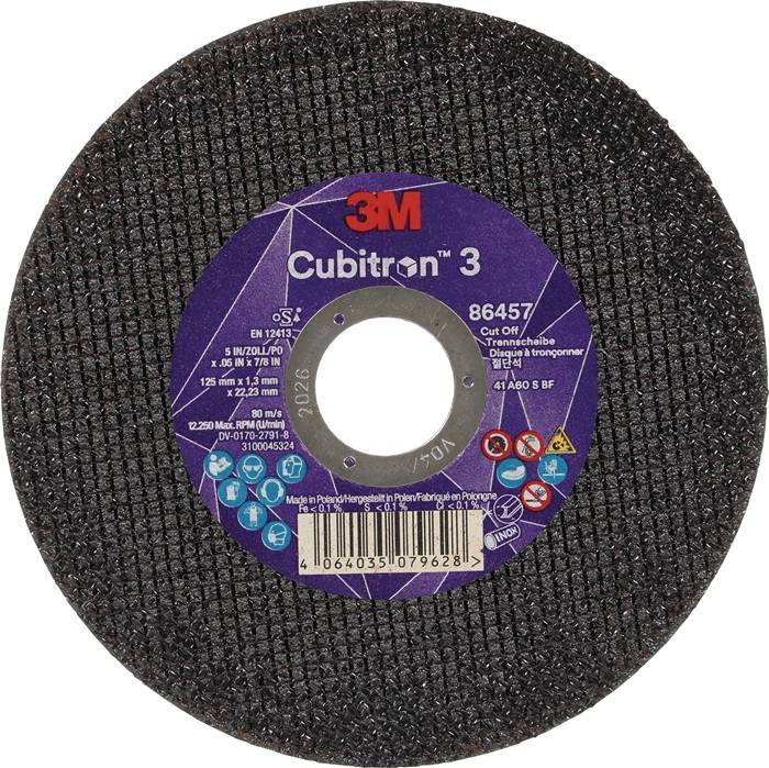 Eine runde Schleiftrennscheibe mit dem 3M Cubitron 3 Logo in der Mitte, umgeben von Spezifikationen und Sicherheitssymbolen.