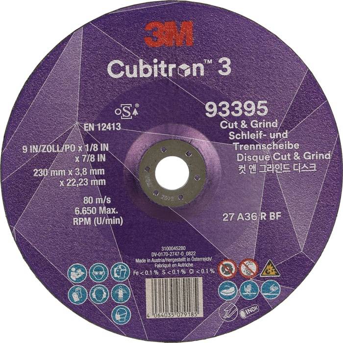 Trennscheibe der Marke 'Cubitron 3' von 3M, 9 Zoll im Durchmesser, Spezifikationen umfassen 230 mm x 3,8 mm x 22,23 mm, Geschwindigkeit 80 m/s, max. Drehzahl 6.650 U/min.