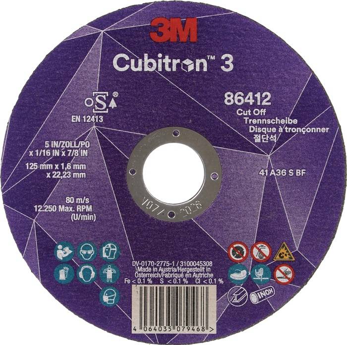 3M Cubitron 3 Trennscheibe', gekennzeichnet mit 86412. Größe: 5 Zoll x 1/16 Zoll x 7/8 Zoll. Maximale Geschwindigkeit: 80 m/s. Violette Scheibe mit Sicherheitssymbolen.