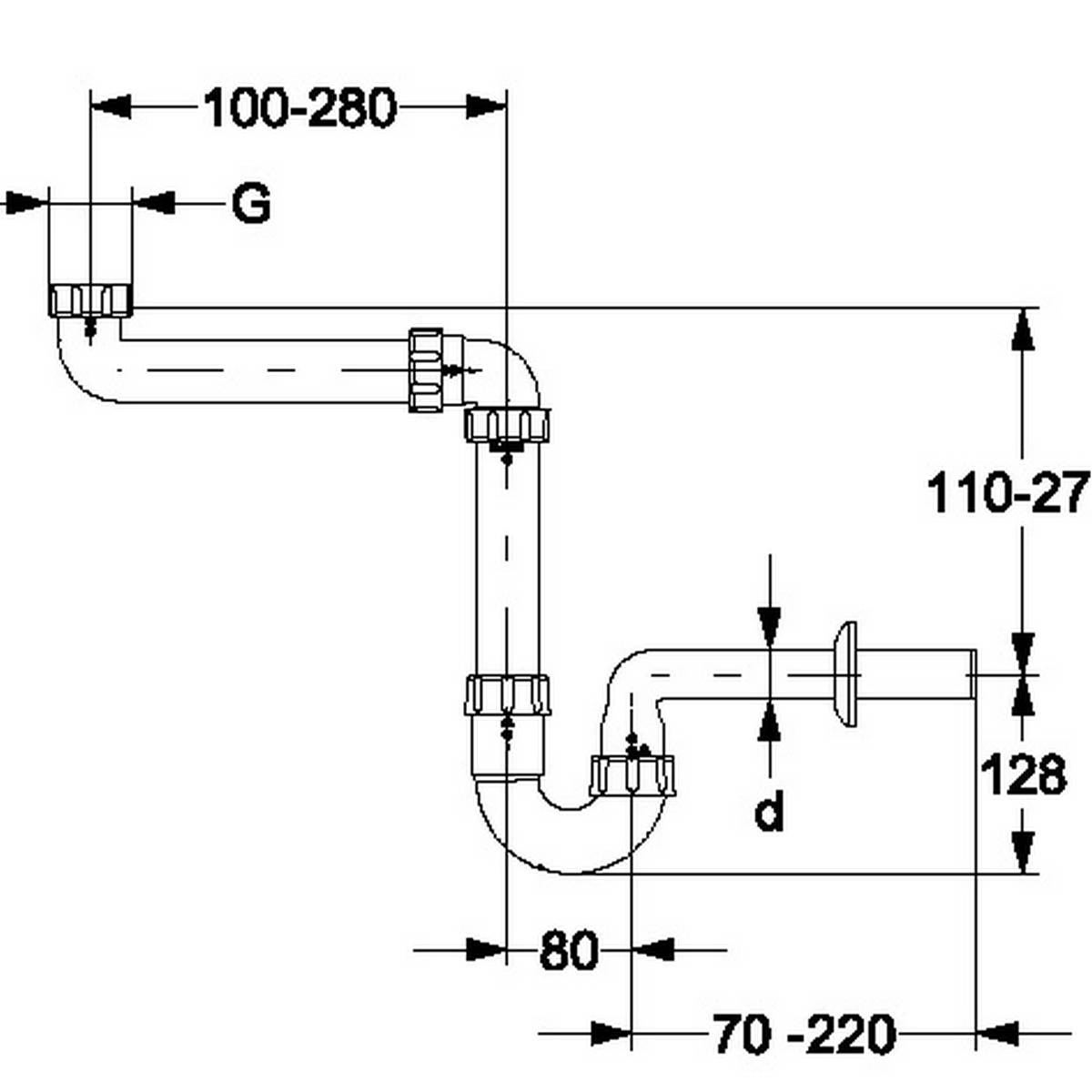 Technisches Rohrleitungsdiagramm mit einer U-förmigen Sanitärinstallation und beschrifteten Abmessungen G, d, 100–280, 110–27, 128, 80 und 70–220.