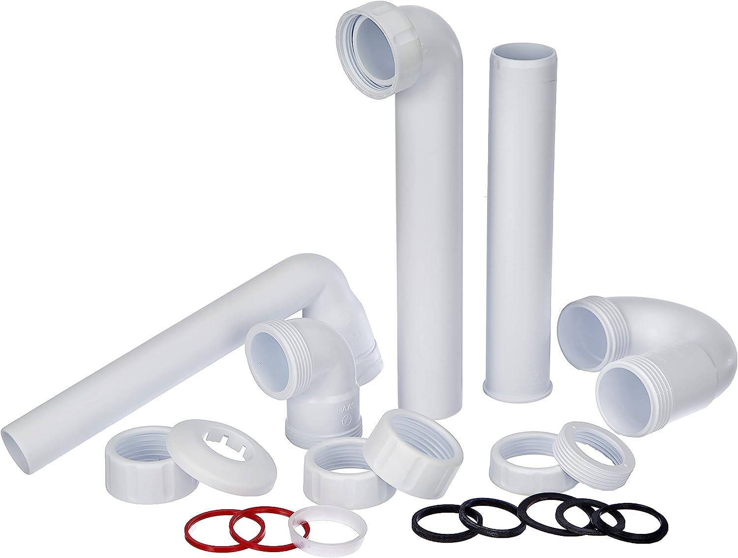 Sortierte weiße Kunststoffrohrfittings und Verbinder mit O-Ringen, auf einfachem Hintergrund dargestellt.