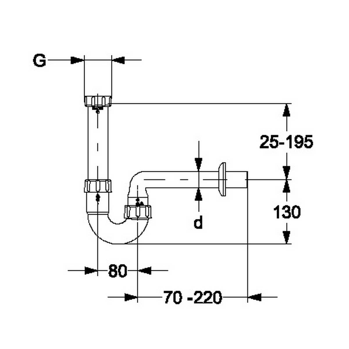 Technisches Rohrleitungsdiagramm einer Rohrverschlussmontage mit Bemaßungspfeilen, gekennzeichnet mit G, d, 80, 70-220, 130 und 25-195