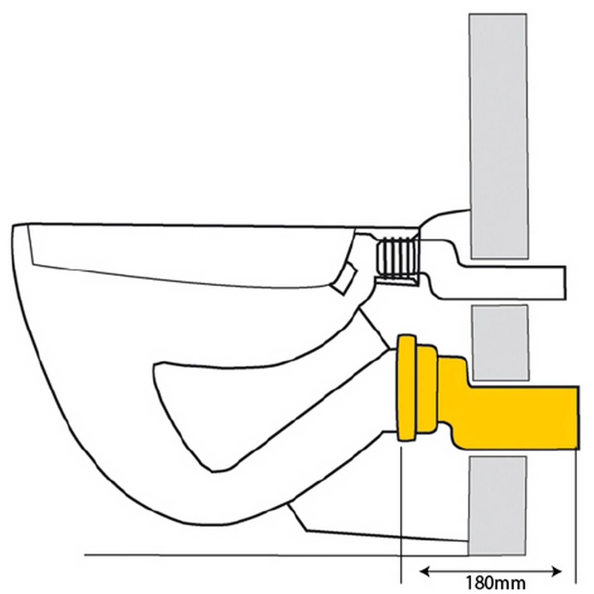 Seitenansicht eines Toilettenschemas mit Wandabstand, zeigt eine gelb hervorgehobene Ableitungsverbindung und eine Abstandsmessung von 180 mm.