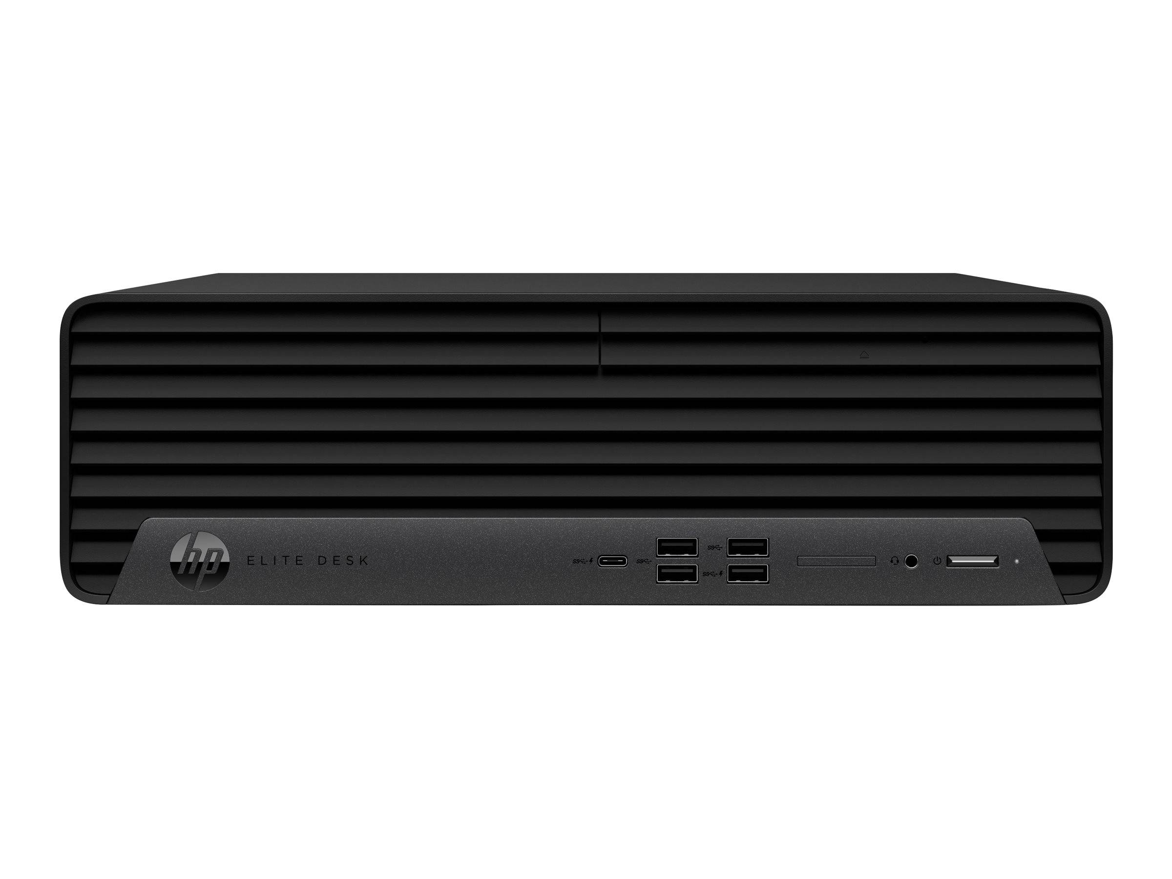 Schwarzer HP EliteDesk Mini-Desktop-Computer mit nach vorne gerichteten Anschlüssen und Logo, entwickelt für Geschäfts- und Büroumgebungen.