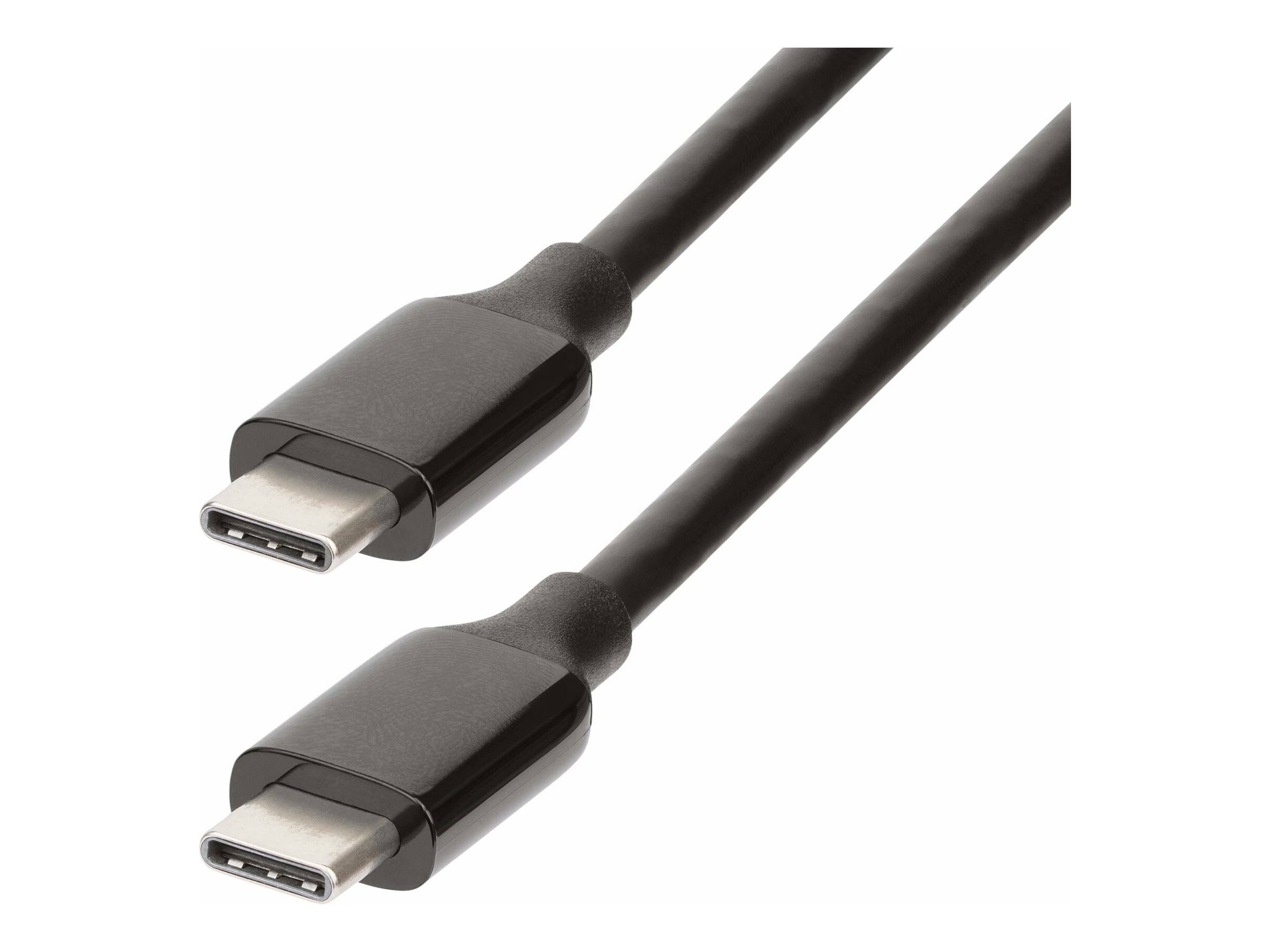 Zwei schwarze USB-C-Kabelstecker auf weißem Hintergrund, diagonal angewinkelt.