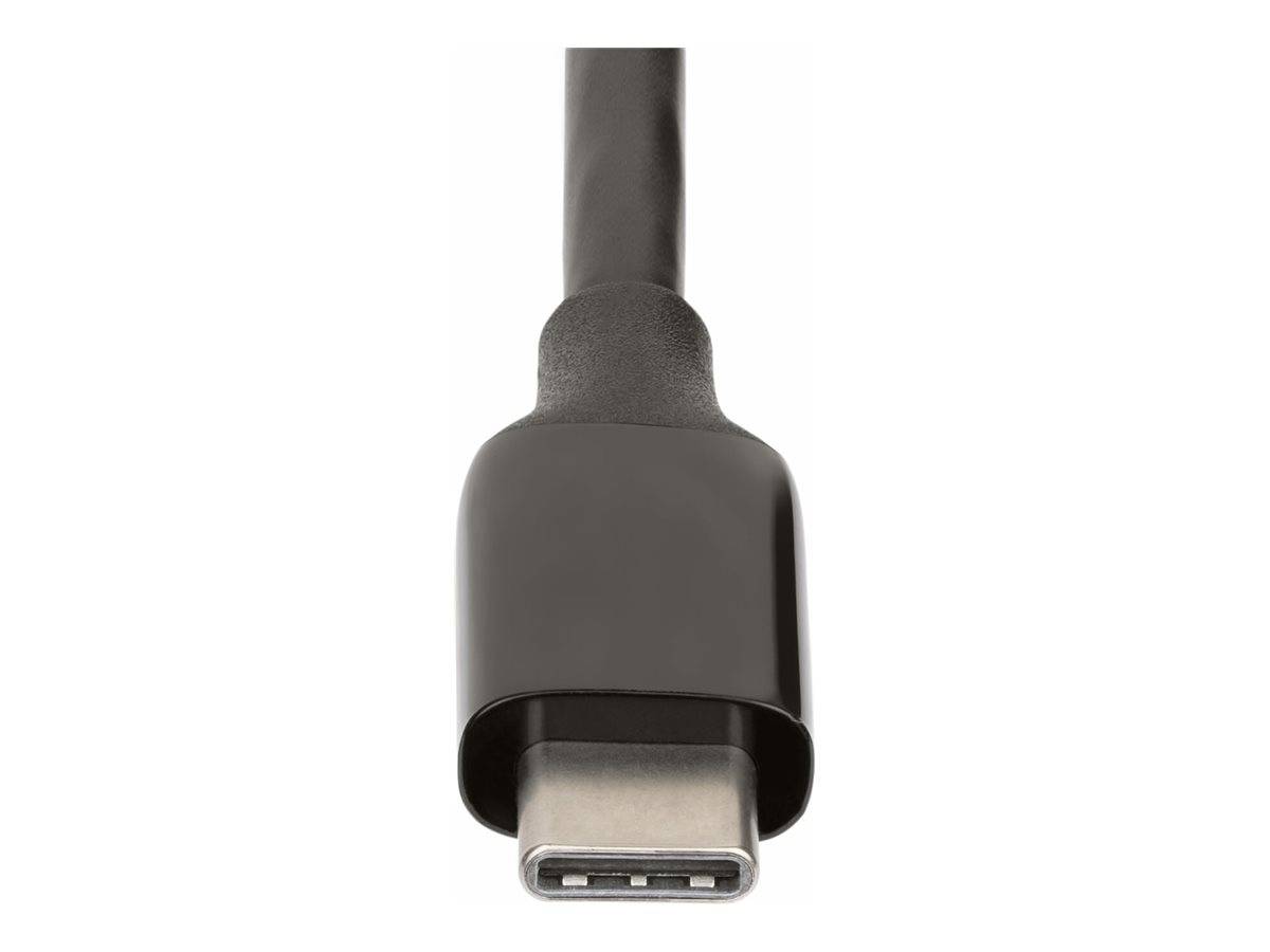 Nahaufnahme eines USB-C-Kabelsteckers mit einem schwarzen Stecker auf weißem Hintergrund.