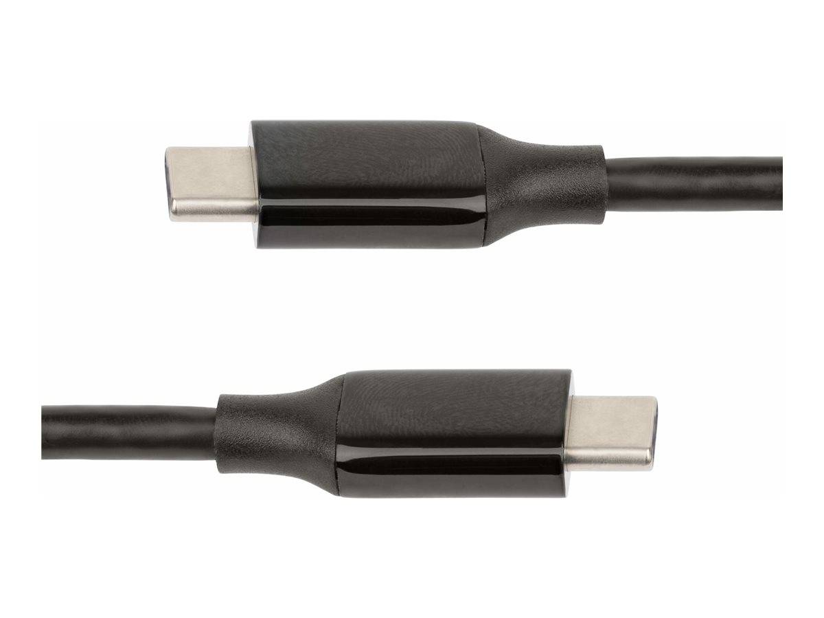 Zwei schwarze USB-C-Kabelstecker auf weißem Hintergrund, einer zeigt nach links und einer nach rechts.