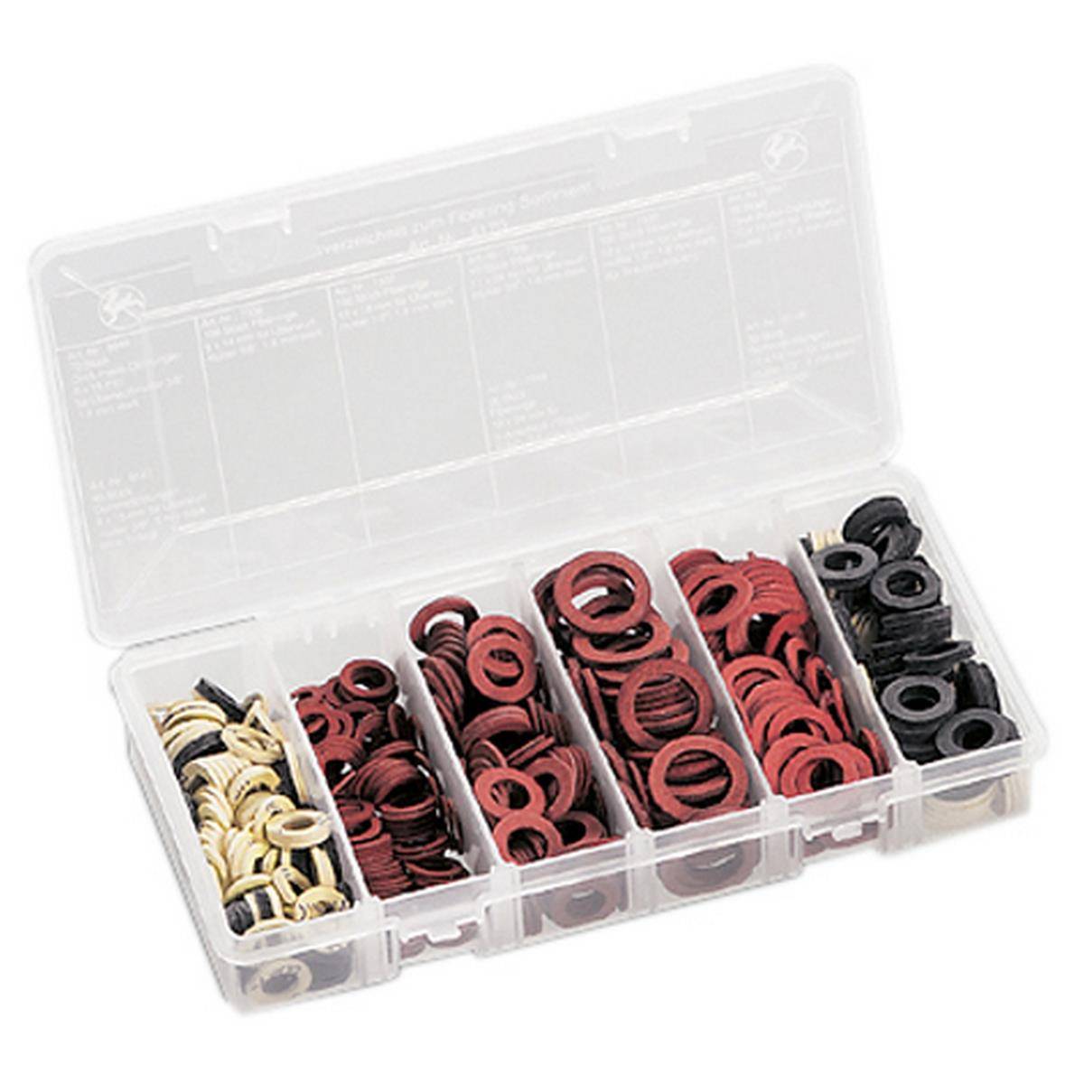 Kunststoff-Organizer-Box mit mehreren Fächern gefüllt mit verschiedenen Unterlegscheiben oder O-Ringen in Beige, Rot und Schwarz.