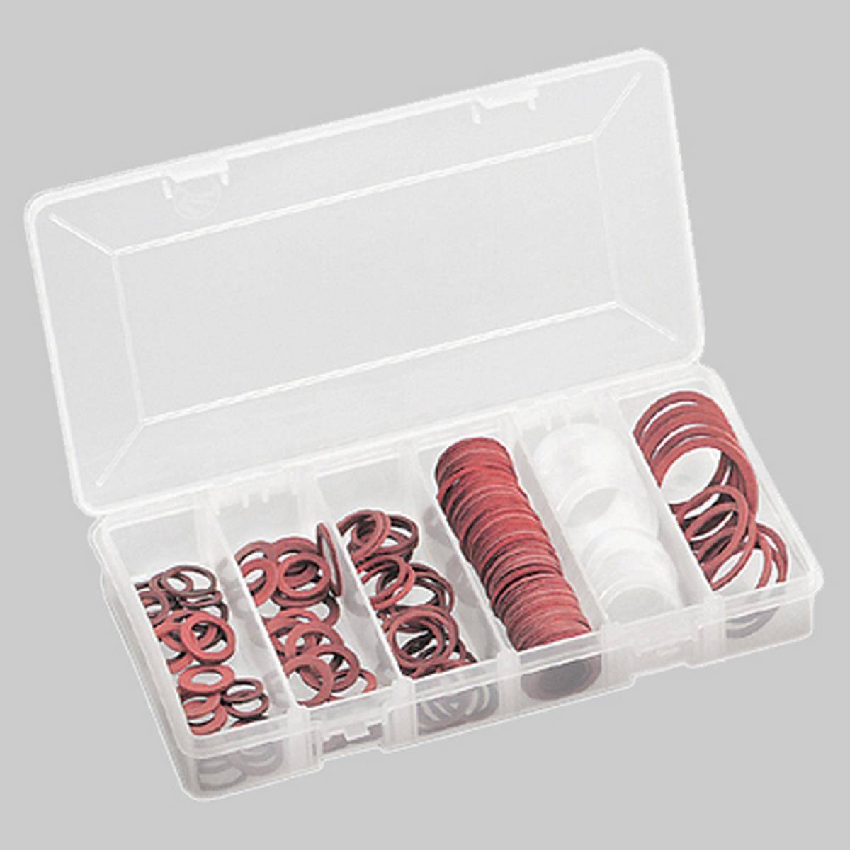 Transparente Kunststofforganizer-Box mit mehreren Fächern, die verschiedene rote Gummidichtungsringe und weiße Dichtungsringe enthält.
