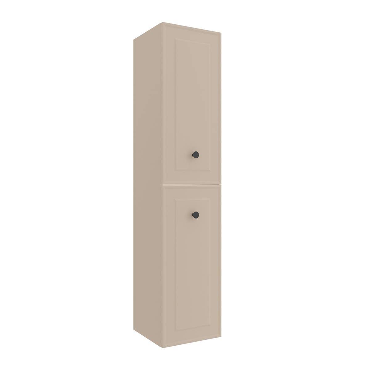 Hoher beiger Wandschrank mit zwei übereinander angeordneten Türen und schwarzen Griffen auf weißem Hintergrund.