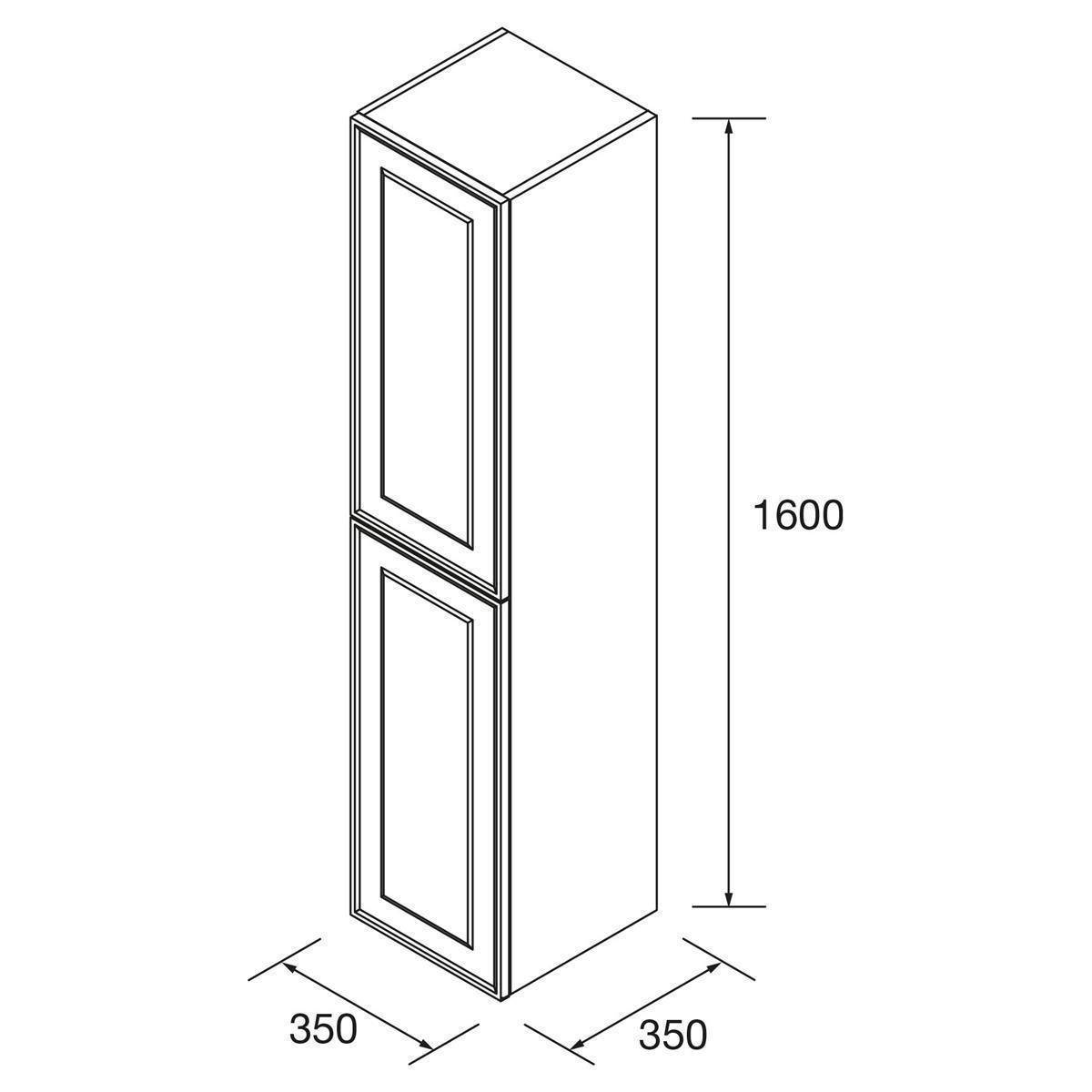 Technische Zeichnung eines hohen rechteckigen Schranks mit zwei vorderen Türen, mit Abmessungen 1600 hoch x 350 breit x 350 tief.