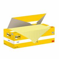 Eine geöffnete Box mit gelben Post-it-Zetteln, mit '3M' beschriftet, deren Deckel halb geöffnet ist und einen Stapel linierter Notizzettel im Inneren zeigt.