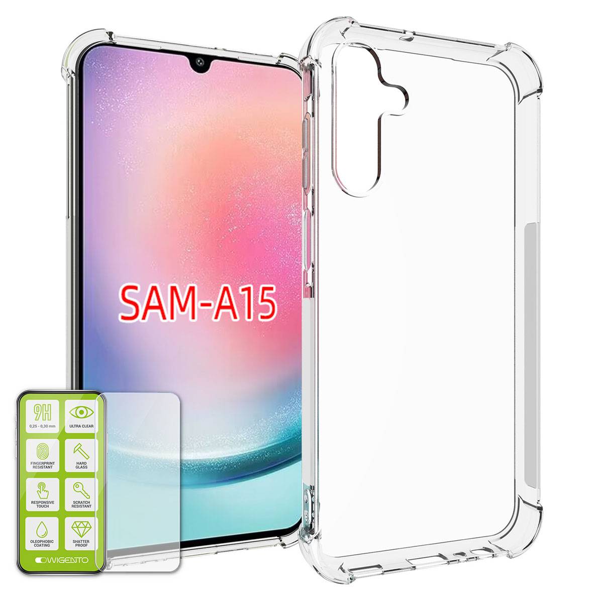 Für Samsung Galaxy A15 Schock TPU Hülle Transparent + 0,26 H9 Glas