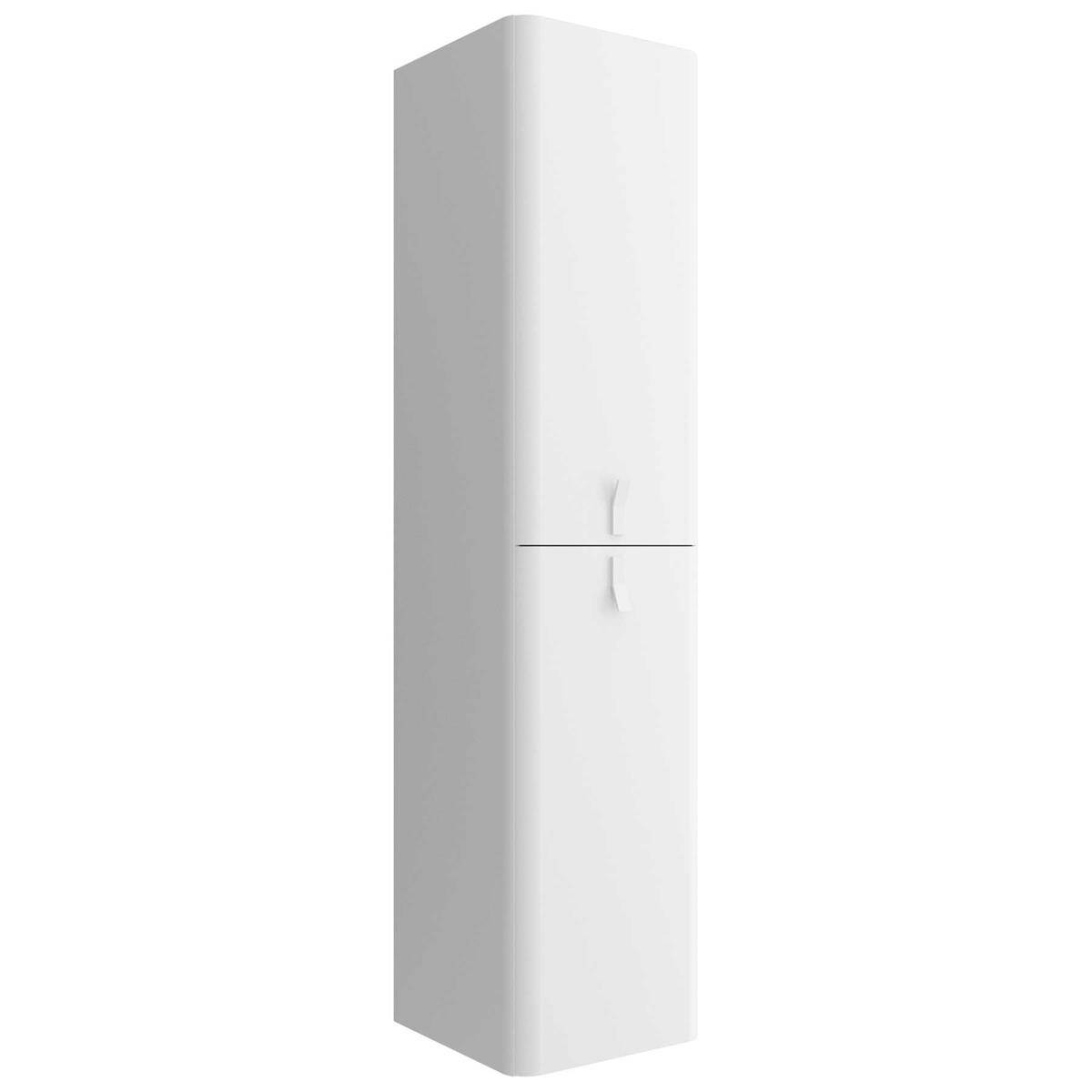 Weiß rechteckiges, an der Wand montiertes Schrank- oder Elektrogerät, frontal gezeigt, mit einer schmalen horizontalen Fuge und kleinem zentriertem Griff.