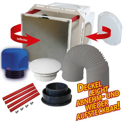 Lüftungsset mit Filterbox, Kanal, Lüftungsöffnungen und Verbindungsstücken; rote Pfeile zeigen abnehmbaren, wiederverwendbaren Deckel. Text: 'DECKEL LEICHT ABNEHM- UND WIEDER AUFSTECKBAR!