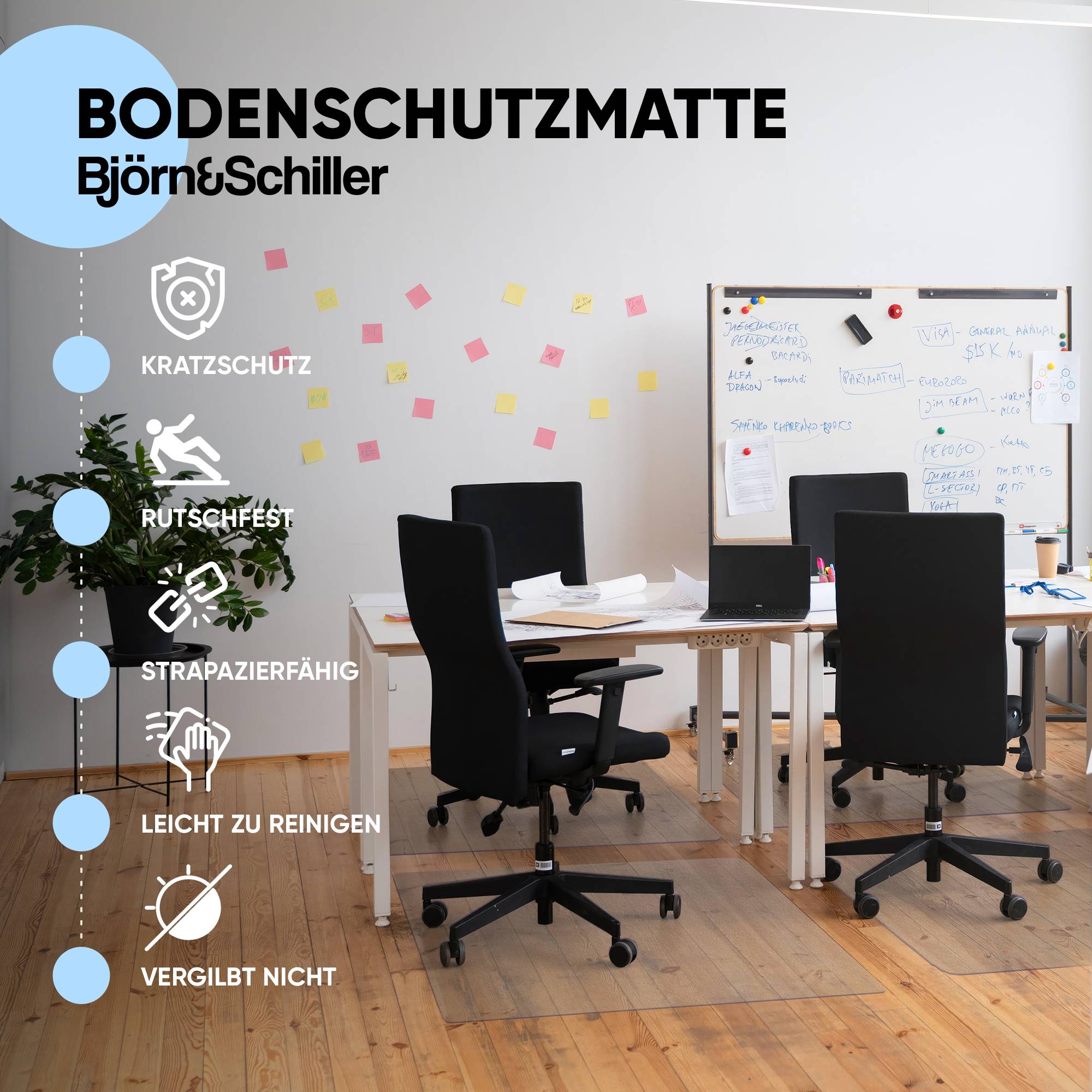 Björn&Schiller Bodenschutzmatte 100x120 cm Kratzschutz, Transparent, Rutschfeste Bürostuhlunterlage, Bodenmatte, Stuhlunterlage