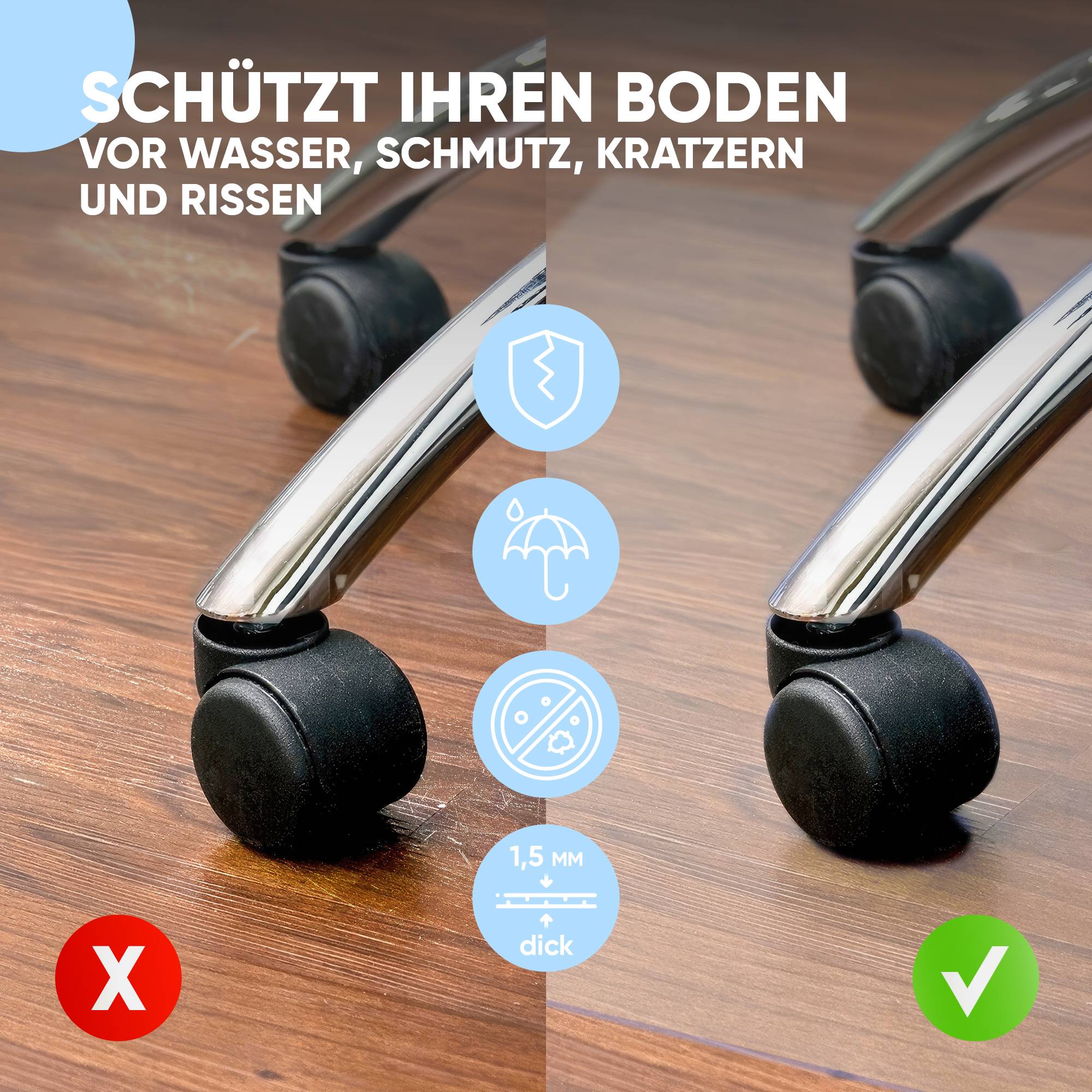 Björn&Schiller Bodenschutzmatte 100x120 cm Kratzschutz, Transparent, Rutschfeste Bürostuhlunterlage, Bodenmatte, Stuhlunterlage