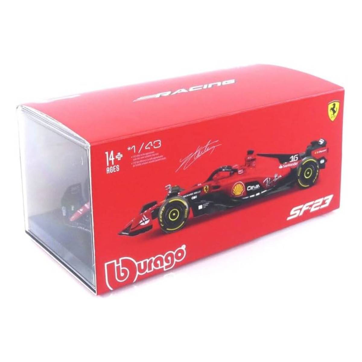 Bburago 18-36835L - Modellauto - F1 Ferrari SF-23 #16 Leclerc (mit Helm, Maßstab 1:43) Formel 1